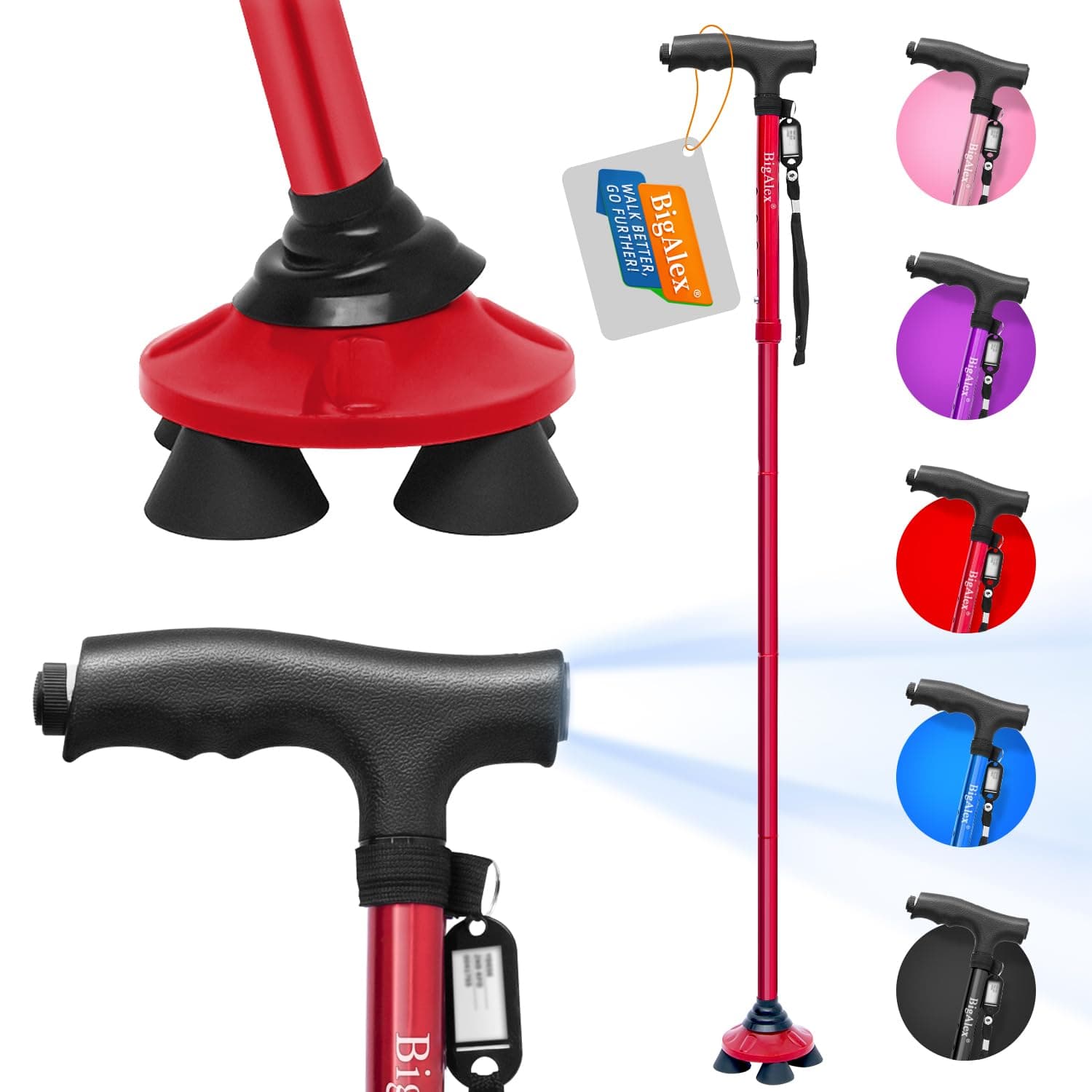 BigAlex Folding Walking Cane with LED Light,Pivoting Quad Base,Adjustable Walking Stick with Carrying Bag for Men/Women(5'5''-6'3'' Red)