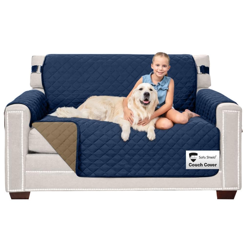 Sofa Shield Couch Loveseat Covers for Dogs, Reversible Furniture Protector with Strap, Stain and Tear Resistant Cushion Cover, 54 inch Seat, Machine Washable Slipcover Pets, Cats, Navy Sand