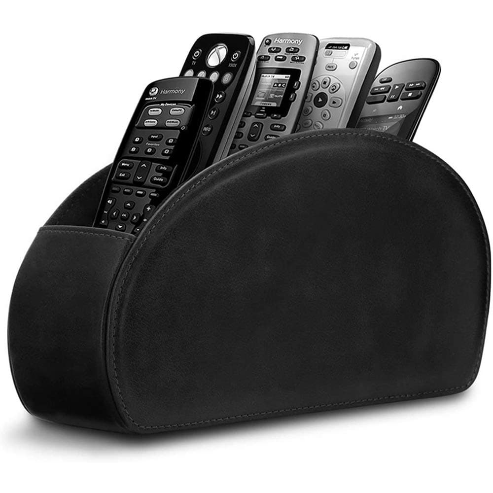 Leather Remote Control Holder with 5 Compartments TV Remote Caddy Store Box,Desktop Organizer for Controller, Gl and Media Player,Pen Storage(Black)