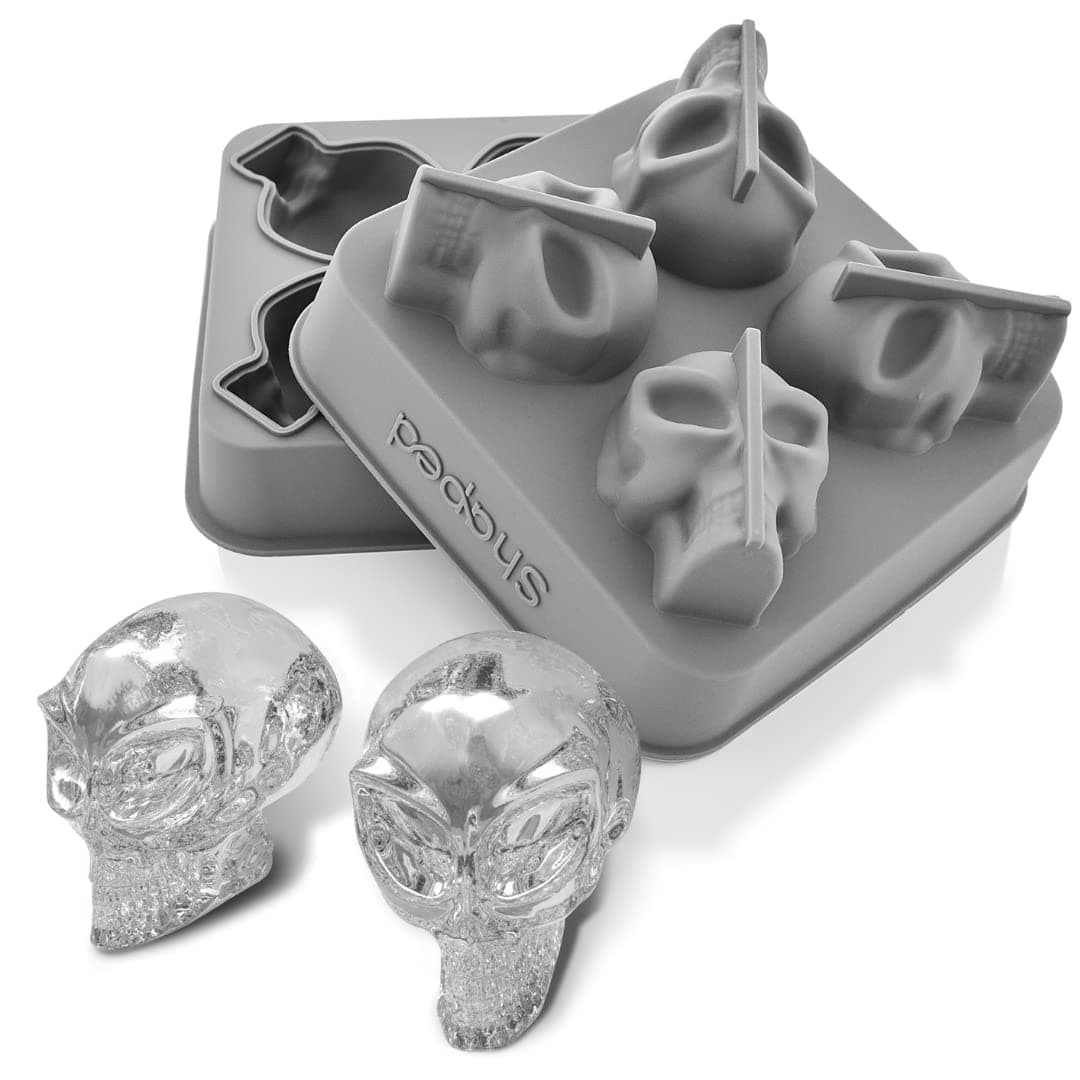 Shaped 3D Alien Skull Flexible Silicone Ice Cube Mold Tray,Makes Four Giant Alien Skulls,Round Ice Cube Maker,- Pack Of 1 Standard Grey