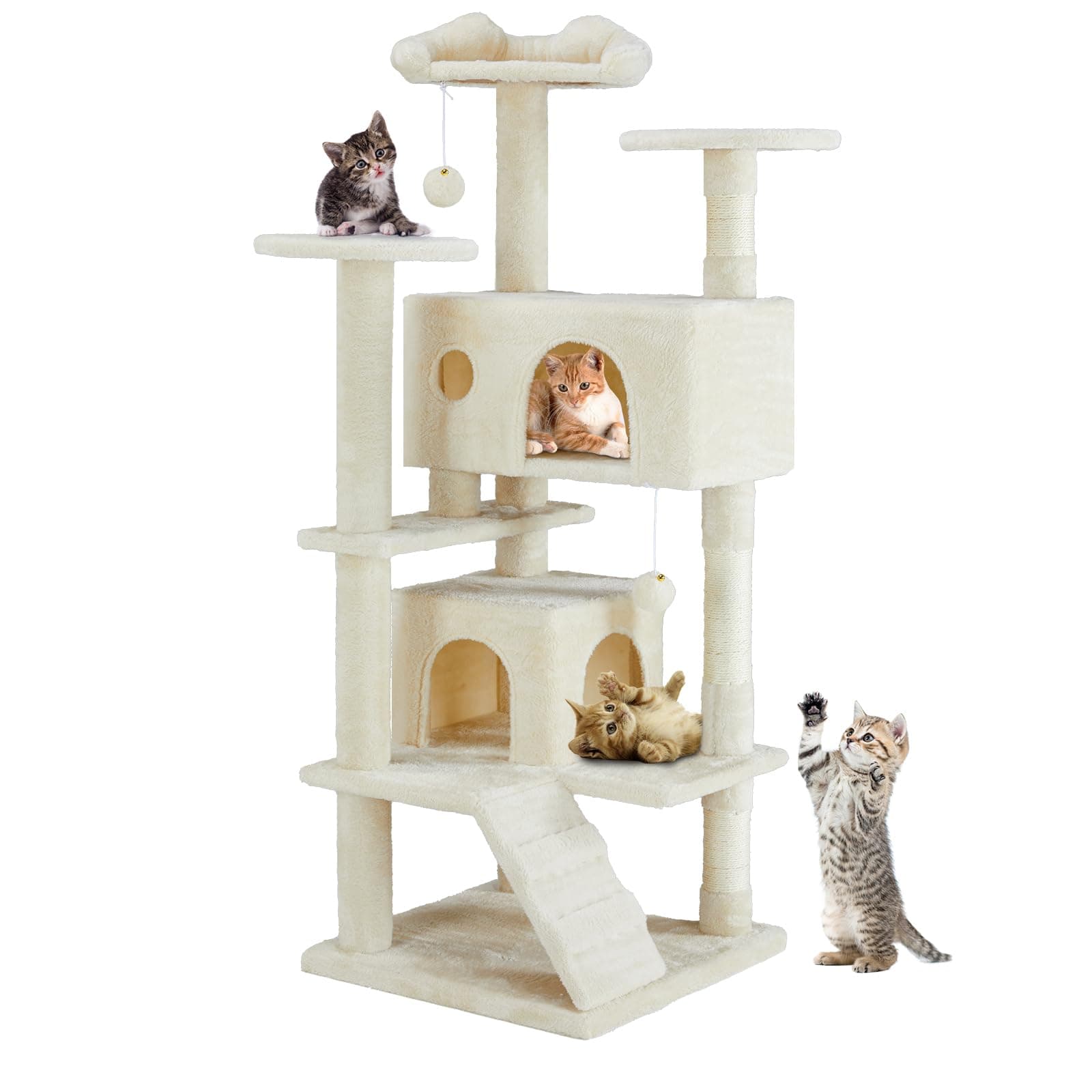 DUMOS Cat Scratching Post, 135 cm Cat Tree Climbing Tower, Cat Tree with Cave, Completely Wrapped with Sisal, Scratching Post, Activity Scratching Posts for Cats of All Ages (Beige)