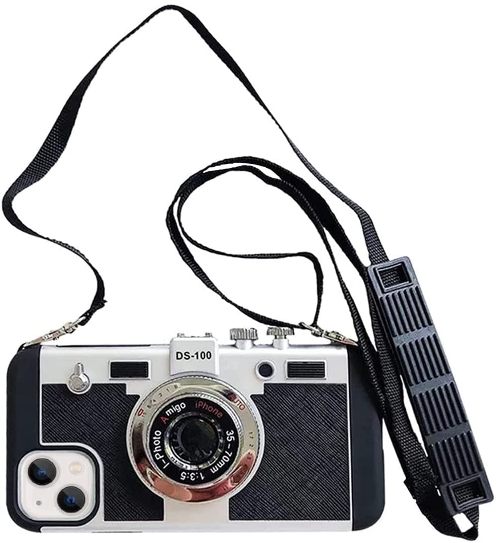 Camera Case Compatible with iPhone 15, Cute 3D Vintage Camera with Lanyard Adjustable Shoulder Strap Girls Women Unique Cool Silicone PC Cover Black