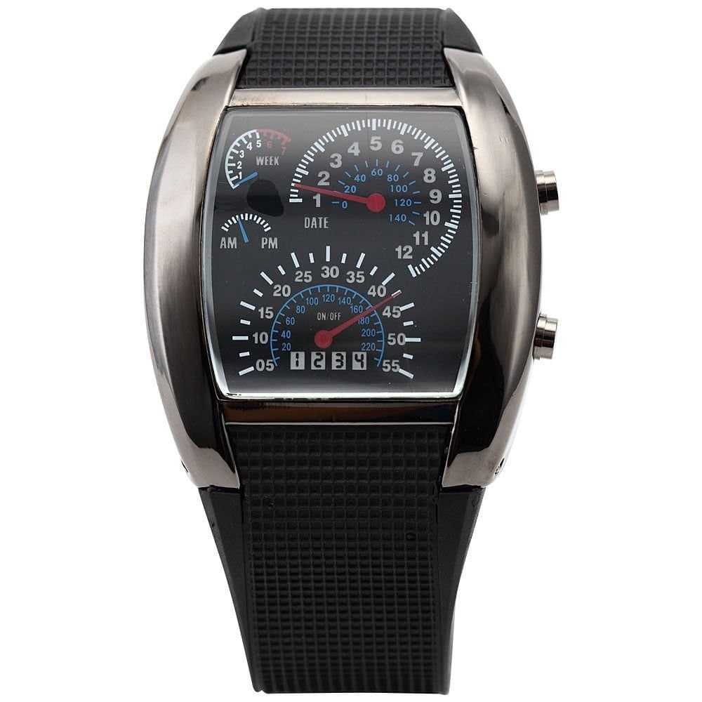 JewelTime Blue LED Light Aviation Pilot Speedometer Dash Men's Binary Digital Wrist Watch