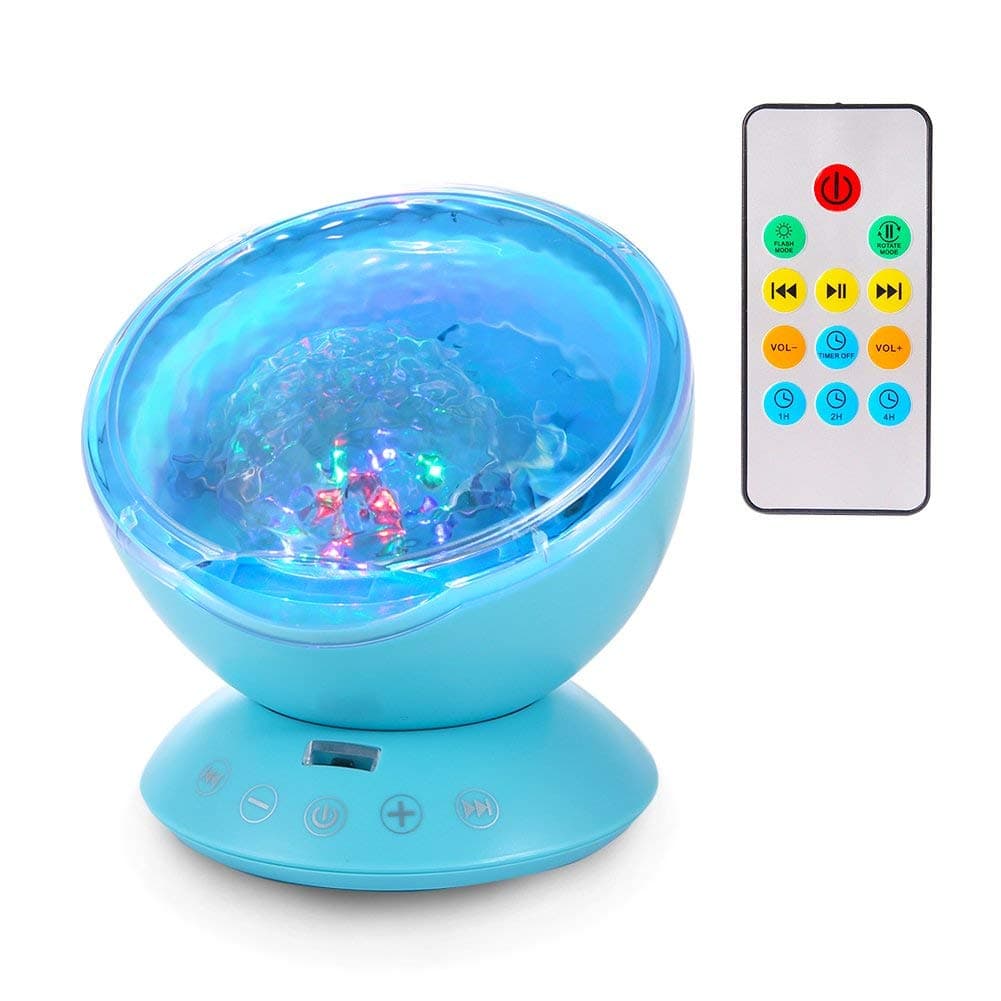 ALFALED Remote Control Ocean Wave Projector 7 Modes Color Changing LED Night Light with Built-in Music Player for Kid's Bedroom Bathroom Living Room Blue