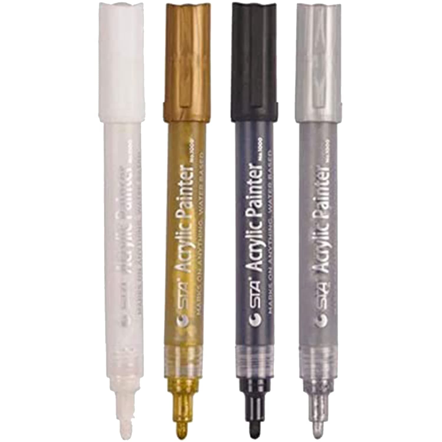 Water-Based Black White Gold Silver Fine, Medium Point Acrylic Paint Marker Pens Permanent for Rocks Painting, Ceramic, Glass, Wood, Fabric, Canvas, Mugs, DIY Craft Making Supplies(Set of 4)