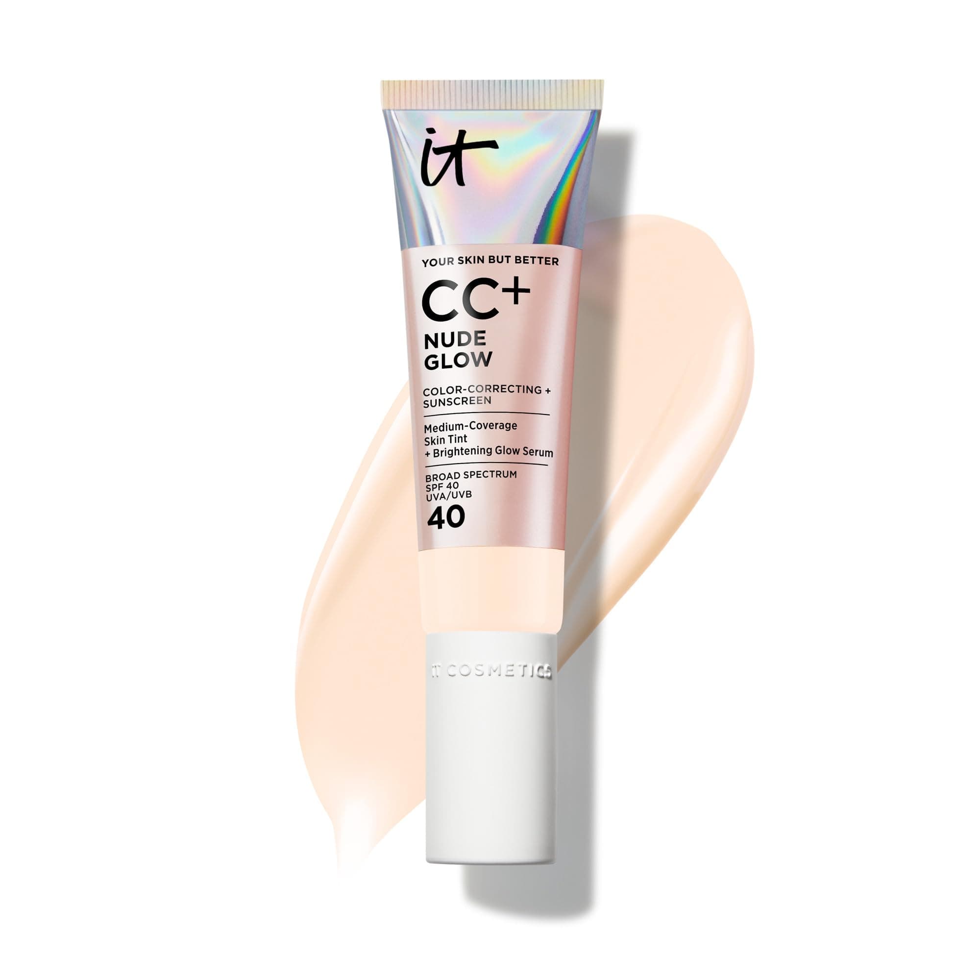 IT Cosmetics CC+ Nude Glow - Medium Coverage Foundation with SPF 40 & Brightening Glow Serum, Lightweight Skin Tint, 2% Niacinamide + Hyaluronic Acid, Up to 24H Hydration, Normal/Dry Skin - 1.08 fl oz