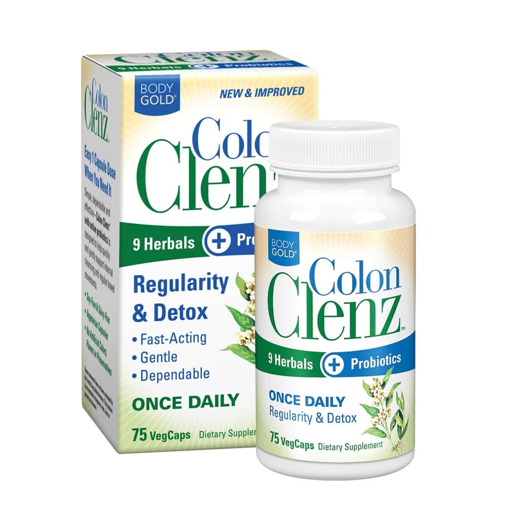 Body Gold Colon Clenz Regularity & Detox Formula | Once Daily with 9 Herbs + Active Probiotics (75 CT)