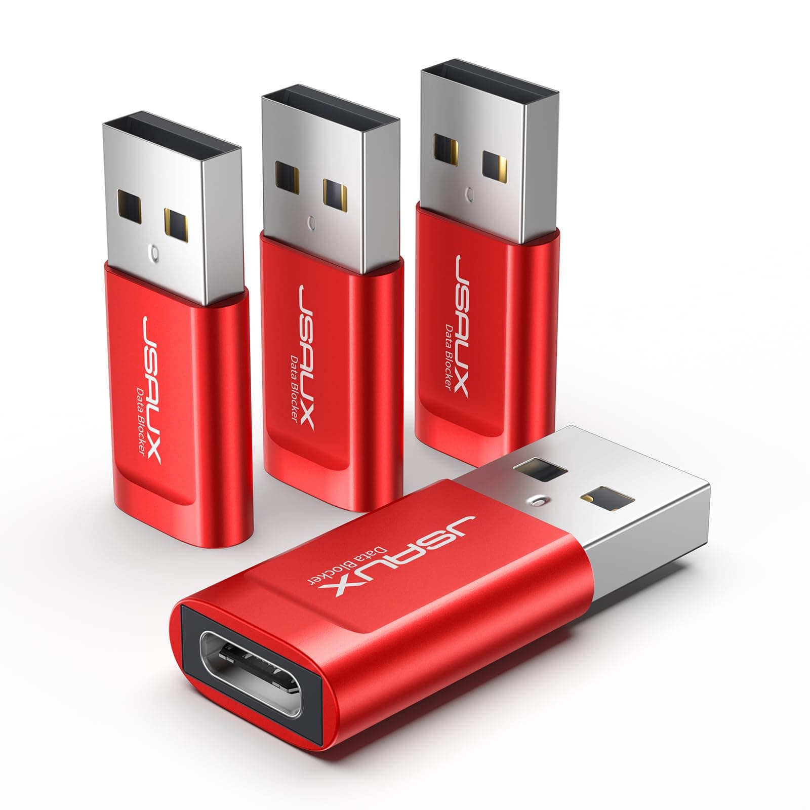 JSAUX USB C Data Blocker, (4-Pack) USB A to USB C Female Defender Only for Quick Charge, Protect Against Juice Jacking, Refuse Hacking Provide Safe Charging- Red