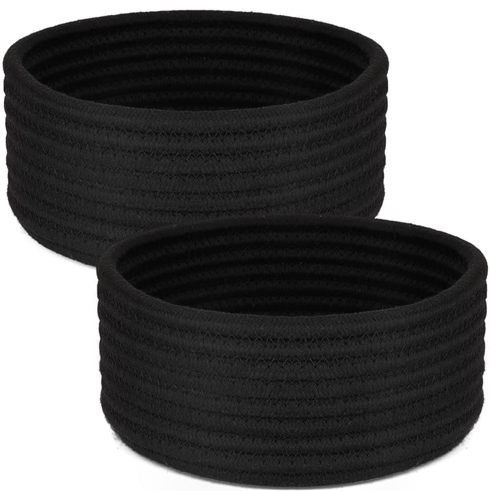 Small Woven Basket, Mini Cotton Rope Storage, Gift Baskets Empty, Cute Round Decorative for Toys Decorative Hamper for Nursery Thicken Kids Tiny Baskets Key Bowl, Black