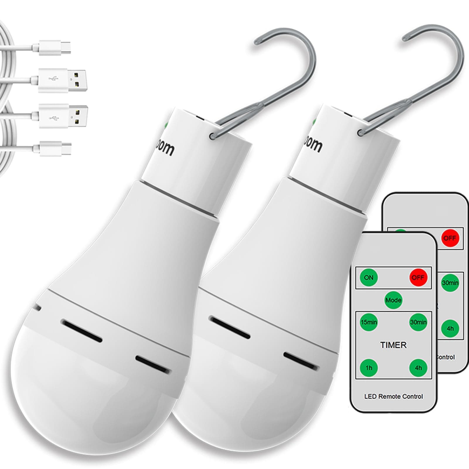 USB Rechargeable Light Bulbs with Remote, 4 Light Modes + Timer, 1200 mAh Rechargeable Battery, Portable LED Tent Light Bulbs for Home Emergency Camping Tent (Pack of 2)