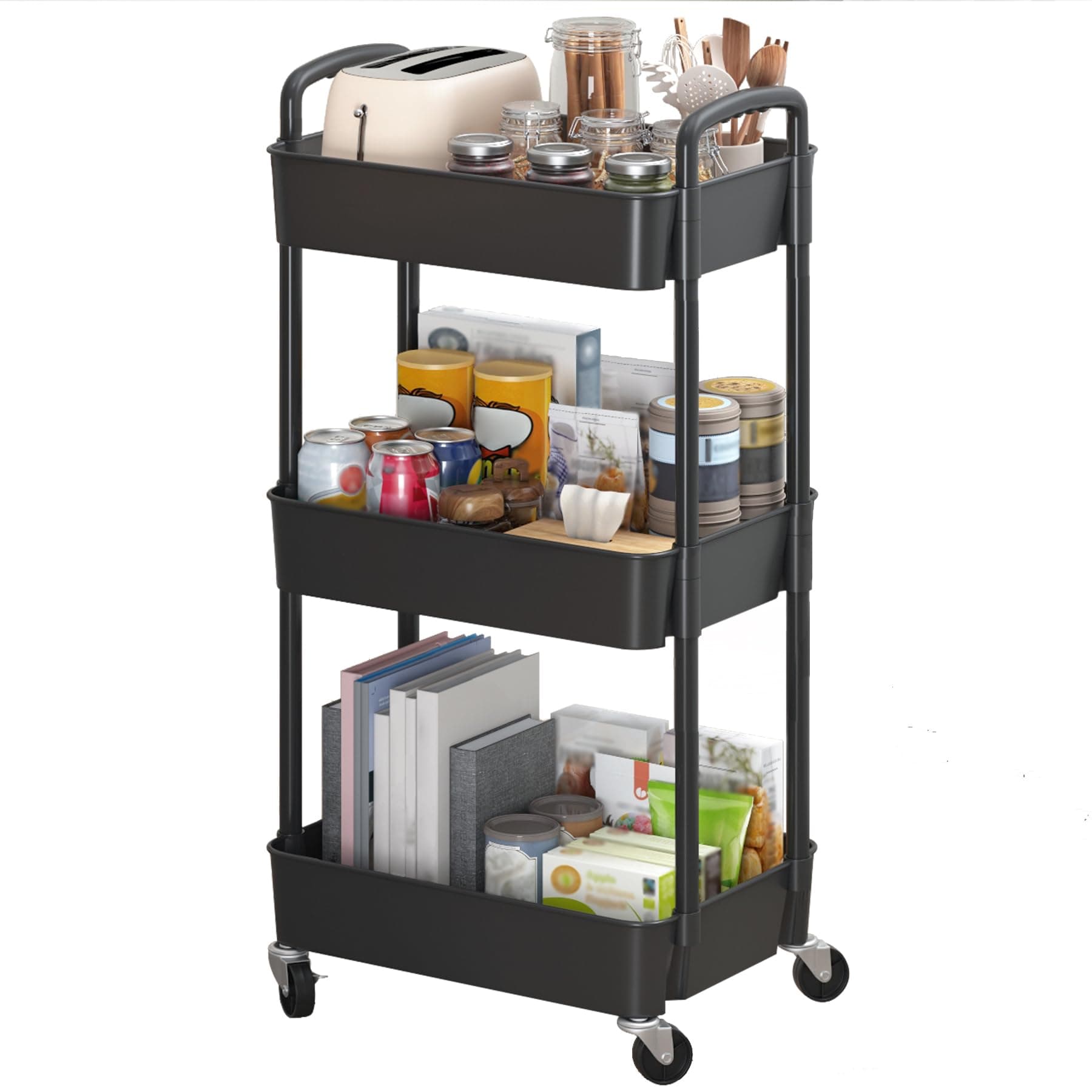 Sywhitta 3-Tier Rolling Utility Cart with Handle, Multi-Functional Storage Trolley for Office, Living Room, Kitchen, Movable Storage Organizer with Wheels, Black