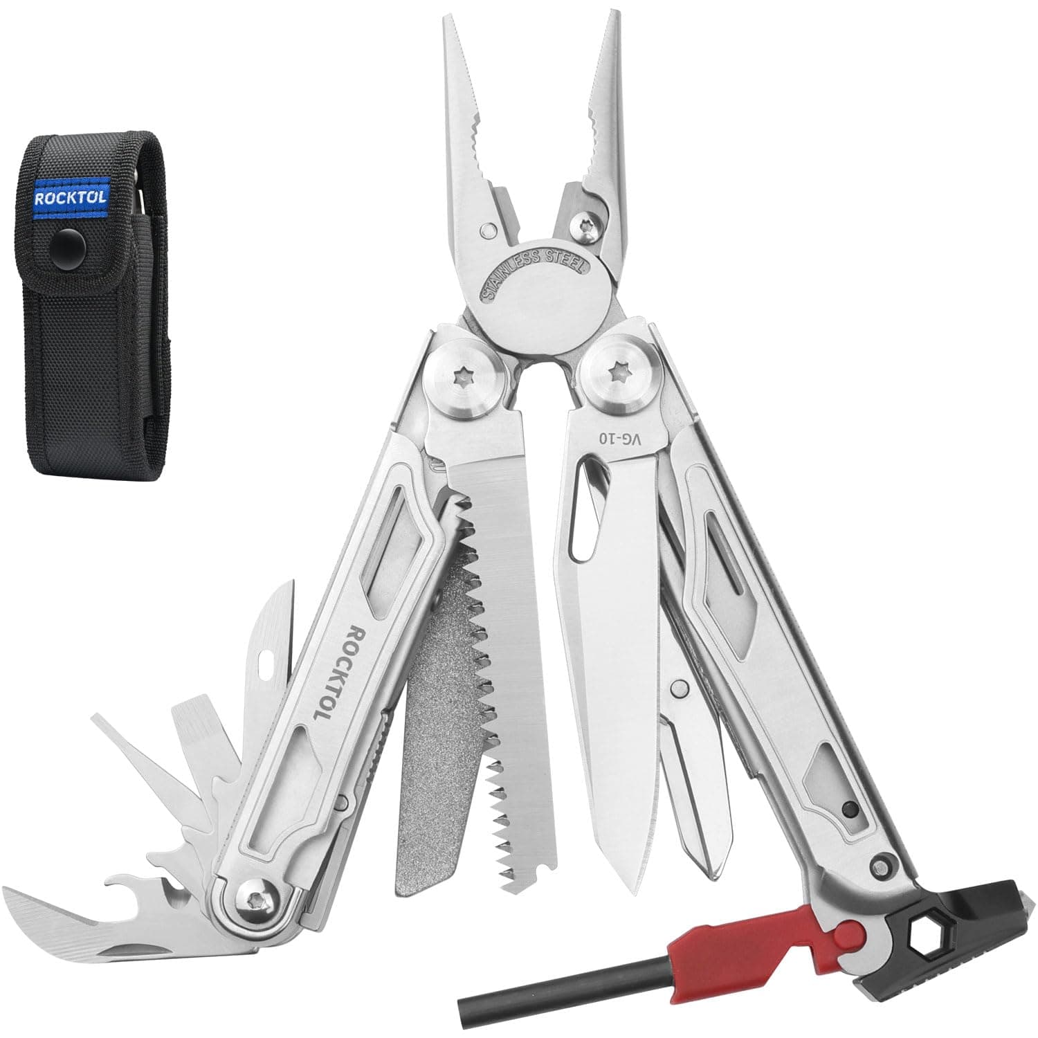Multitool SK04, VG-10 Blade, 22-in-1 Multi-tool Pliers with Fire Starter, Emergency Whistle, Glass Breaker, Safety Locking and Nylon Sheath for Survival, Camping, multi tool for men