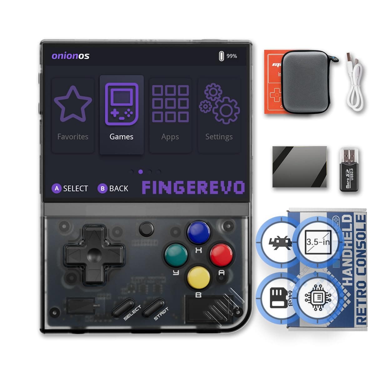 Mini Plus OnionOS Handheld Game Console 3.5-inch 640*480 Screen 3000mAh Mini+ with Portable Case Transparent Black