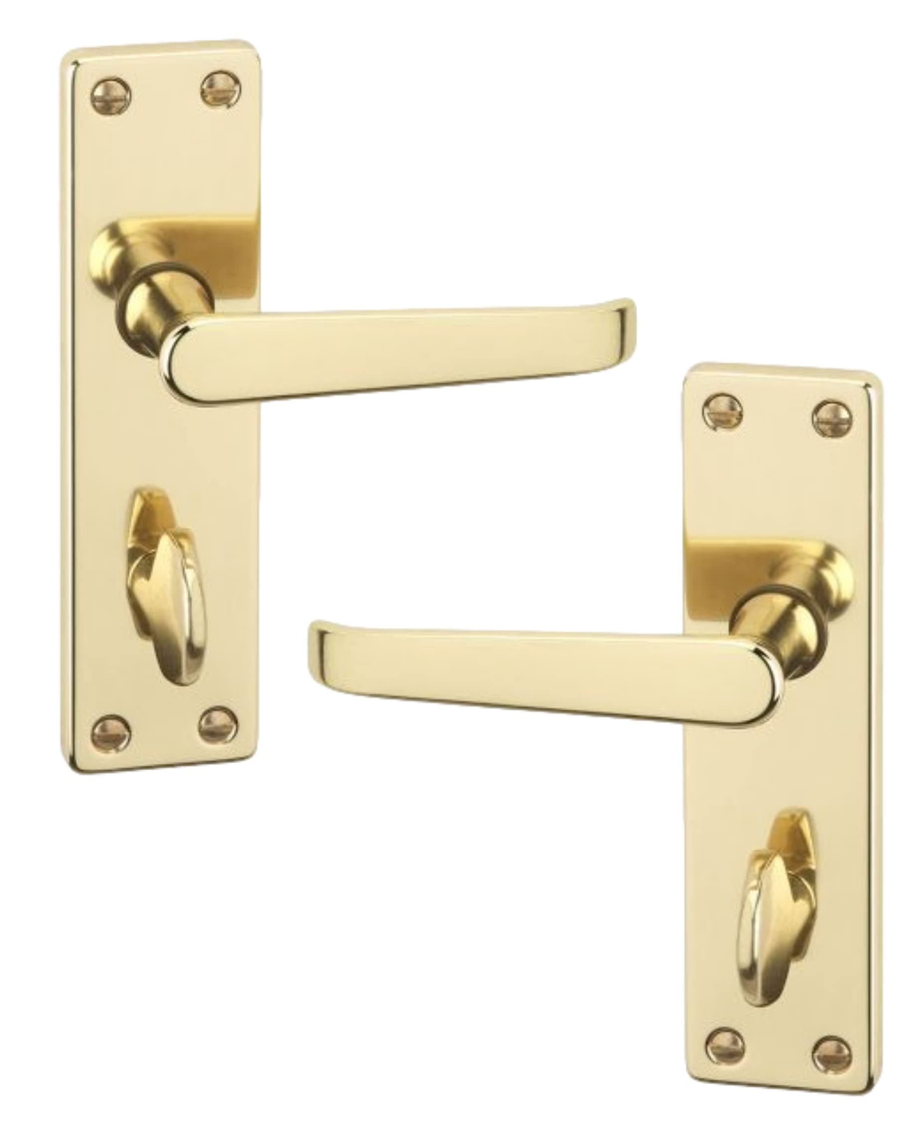 URFIC Door Handle for Internal and External Doors Victorian Set of 2 Polished Brass Bathroom Lock on Plate. Sleek Design Levers for Wooden Kitchen and Bedroom Interior UPVC Exterior Doors.