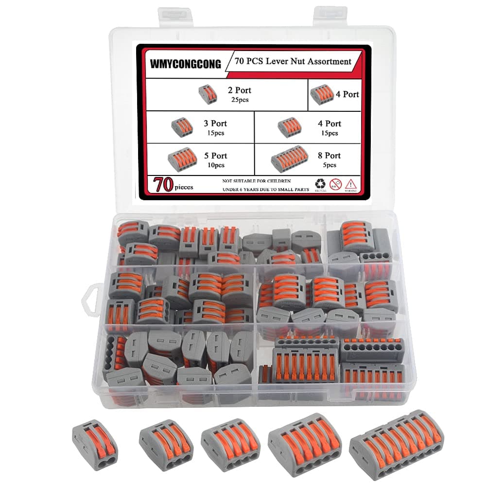 70 PCS Lever Nut Wire Connector Assortment Conductor Compact Wire Connectors Electrical Connectors 2/3/4/5/8 Port