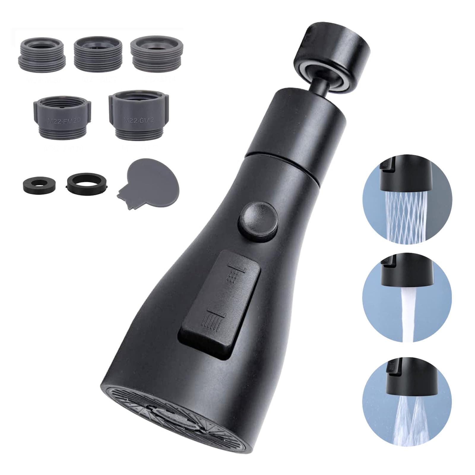Kitchen Sink Tap Spray Attachment Head with 3 Modes, 360°Swivel Spout FM22 M24,Tap Extender for Kitchen Sink Replacement Tap Compatible with Moen, Kohler Faucets, Tap Adapter, Black, G1/2