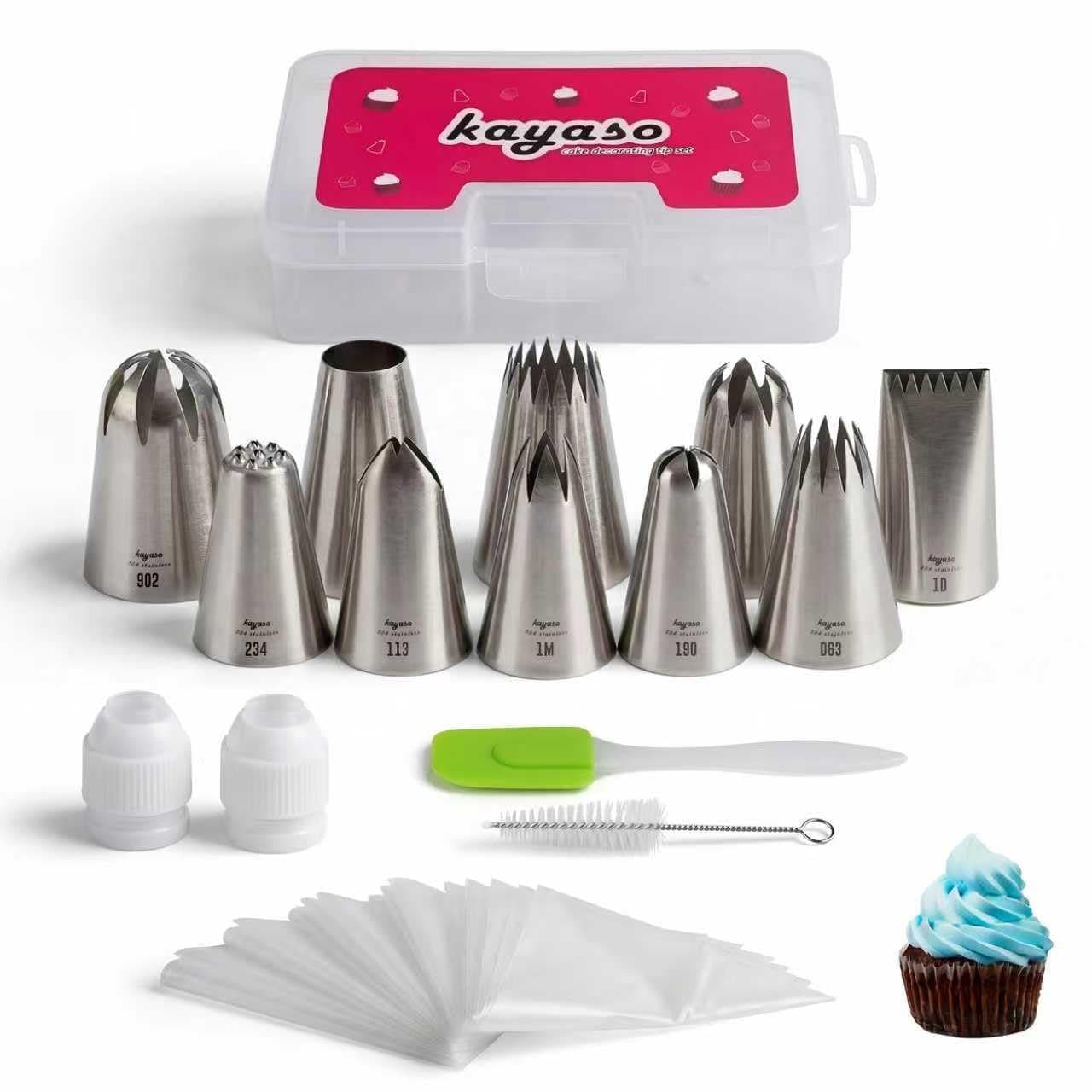 Cake Icing Piping Set, 10 X-Large Decorating Tips Stainless Steel Plus 20 Disposable Pastry Bags Insect Sterilization, 1