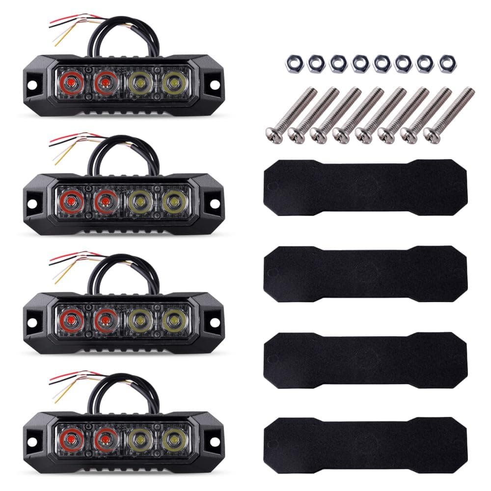 4-LED Ultra Slim Surface Mount Strobe Lights for Trucks Car Vehicle Mini Grille Flashing Light Head Emergency Hazard Warning Grill LampFor 4pcs Sync Feature (Red&White)