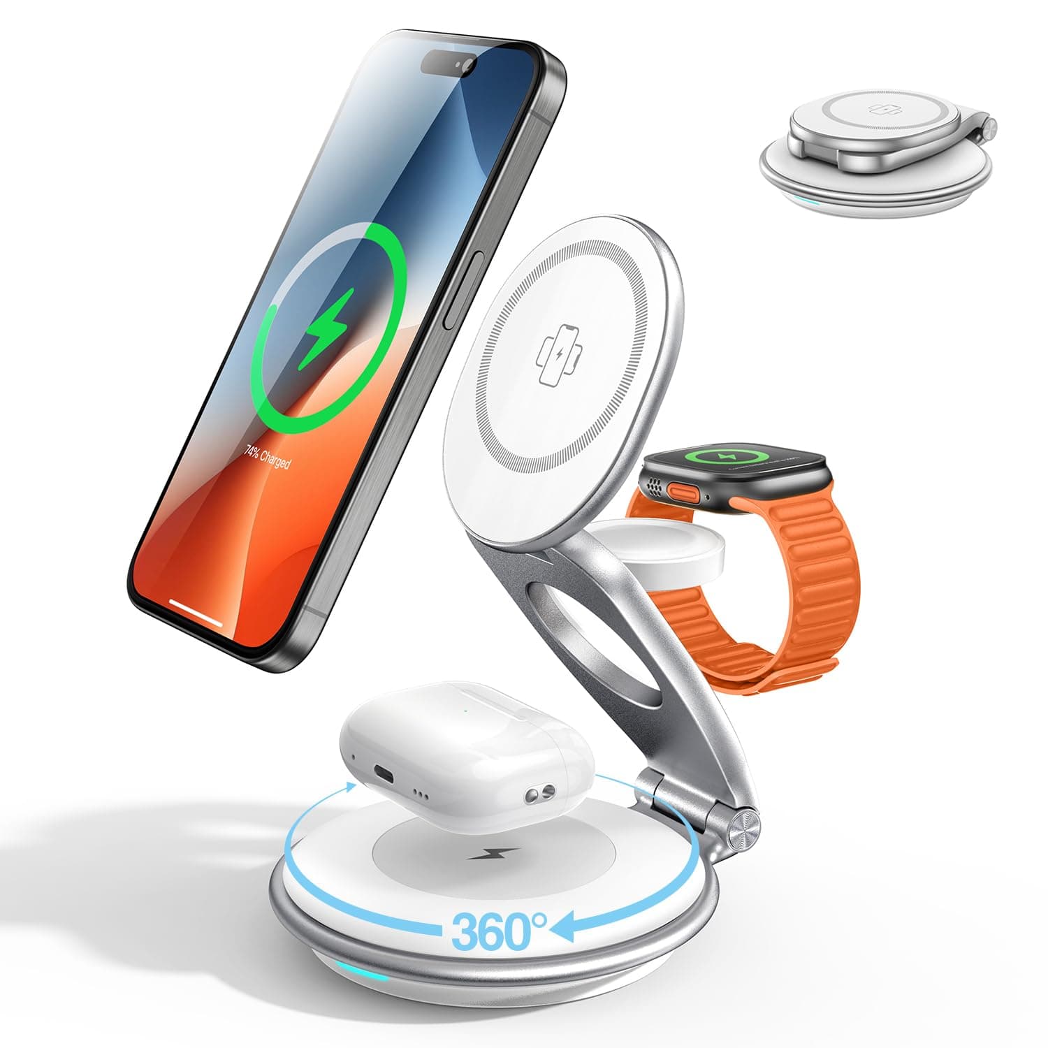 EXW Wireless Charging Station for Magsafe, 3 in 1 Foldable Charger for iPhone 16/15/14/13/12 Series, Apple Watch & AirPod (30W Charger Included)