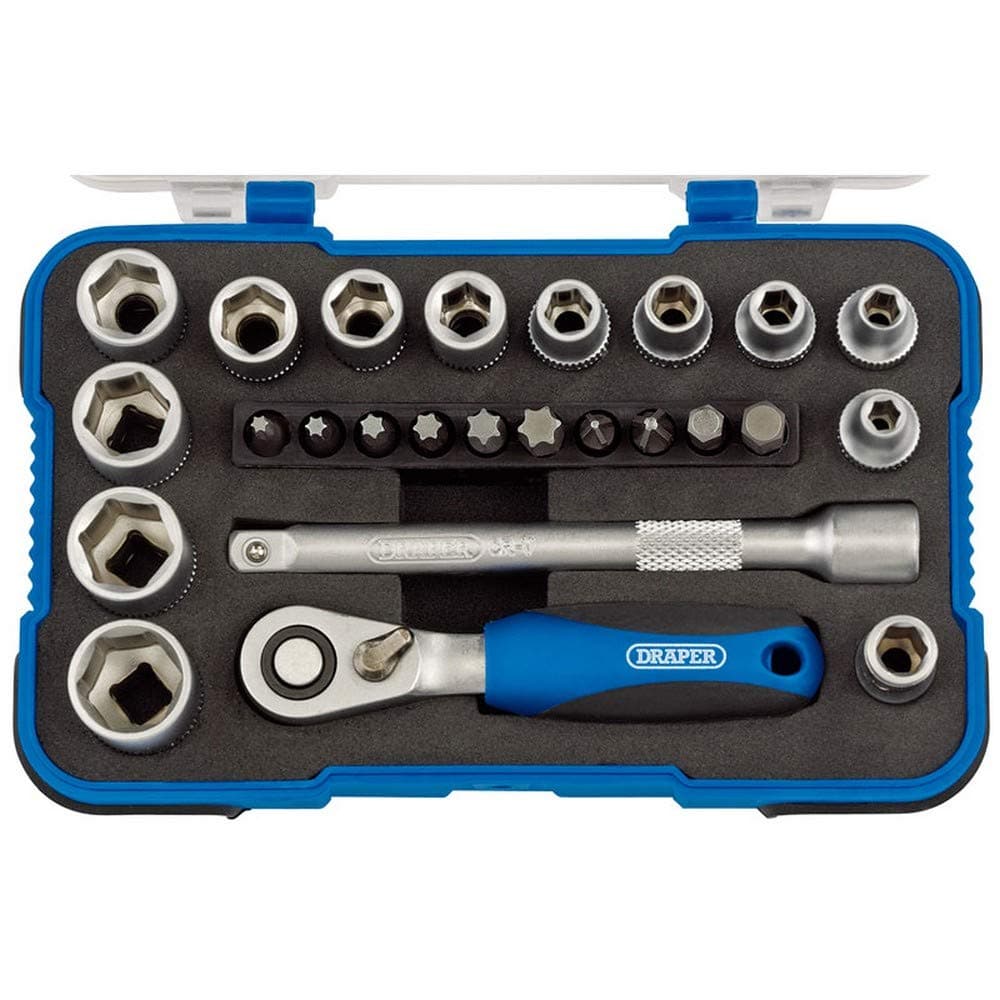 Draper 1/4" 25 Piece Square Drive Metric Socket Set | Micrometre Reversible Hand Tool |Soft Grip Ratchet | 12 Metrics Sockets Mechanics Car Tools | Plastic Storage Case | Hex Bit Adaptor | 16354