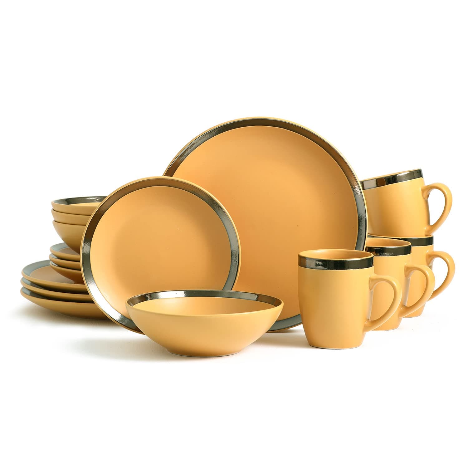 Bestone 16 Piece Round Kitchen Dinnerware Sets,Plates and Bowls sets,Dishes, Plates, Bowls, Mugs, Dish Set,Plates and Bowls,Service for 4, Stoneware (round, green and gold rim)