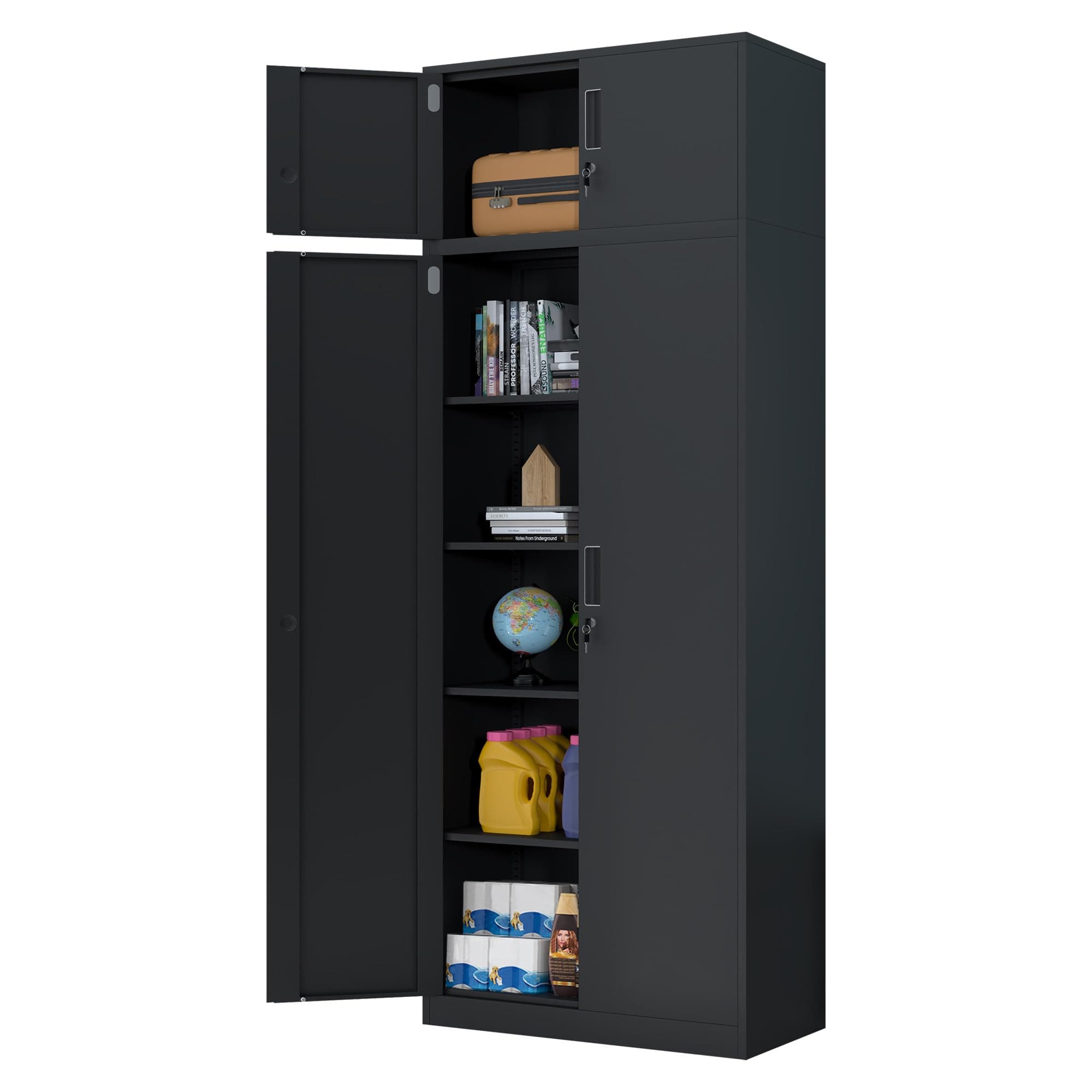 iJINGUR Metal Storage Cupboard with Locking Doors and 4 Adjustable Shelves, Extra Tall Lockable Steel Storage Cabinets for Home Office Garage Kitchen Pantry (Black)