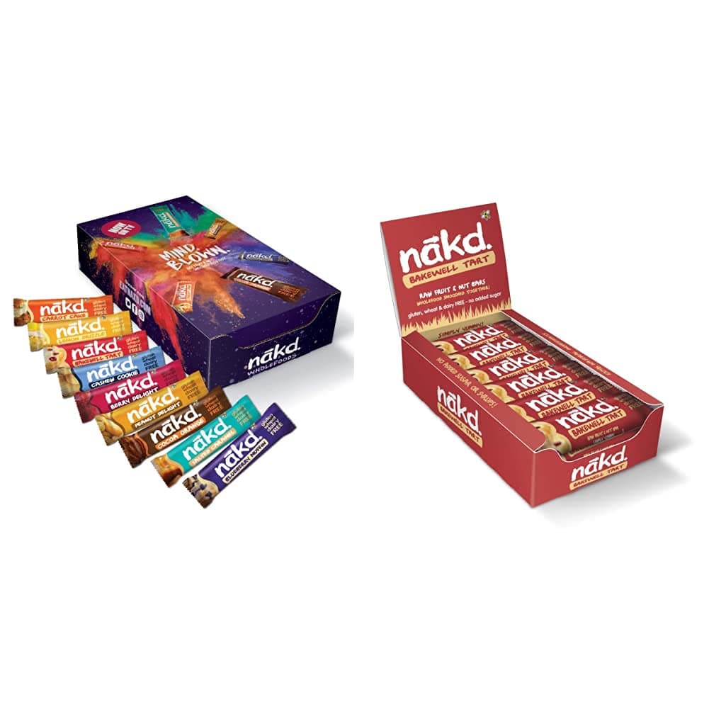 Mind Blown Fruit & Nut Bar Mixed Case - Vegan Bars - Gluten Free, 35 g (Pack of 18 Assorted) & Bakewell Tart Natural Snack Bars - Vegan Bars - Healthy Snack - Gluten Free Bars 35 g, Pack of 18