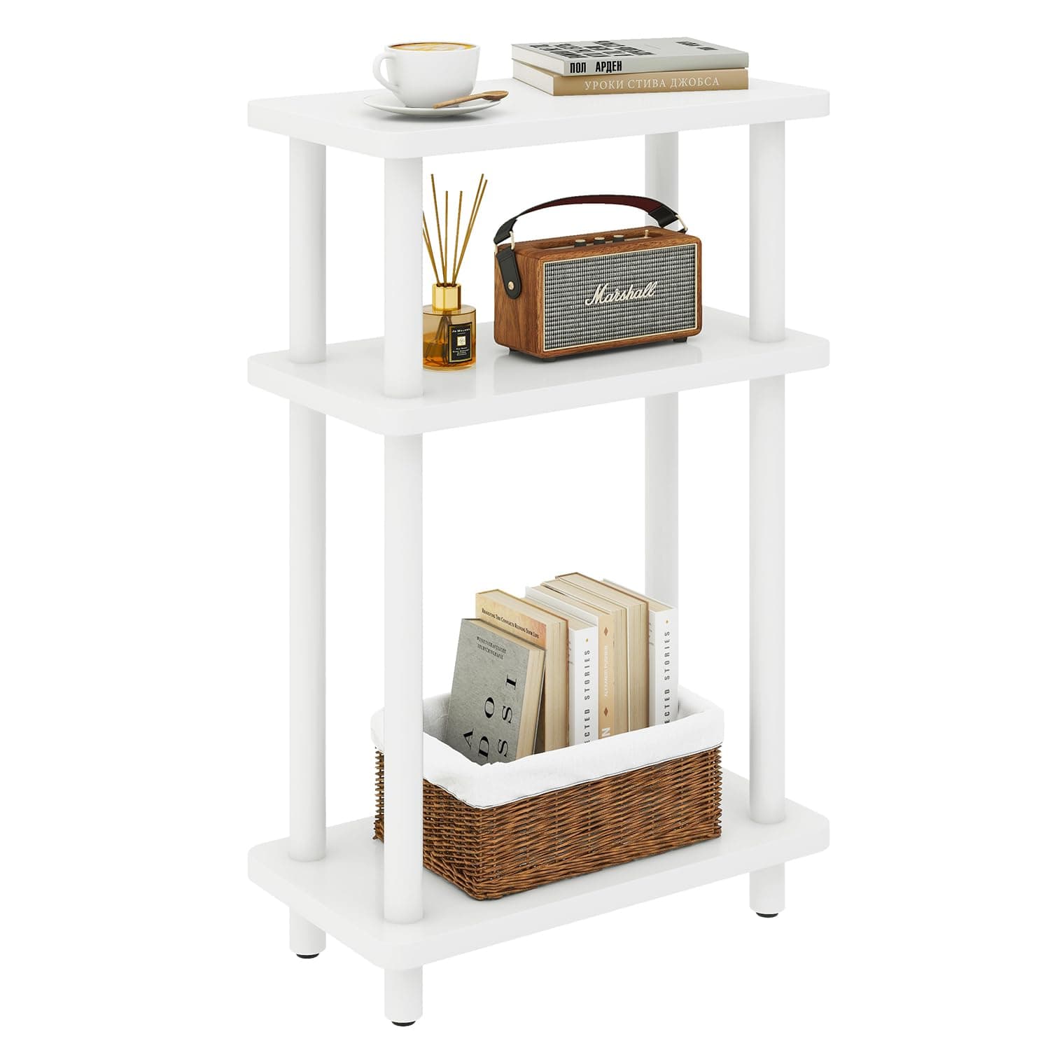 IBUYKE Narrow Side Table, 3-Tier End Table with Storage Shelf Black, Slim Small Table, 40x18x62.5cm,Thin Bedside Table for Living Room Bedroom Office, No-Tool Assembly, White WST009W