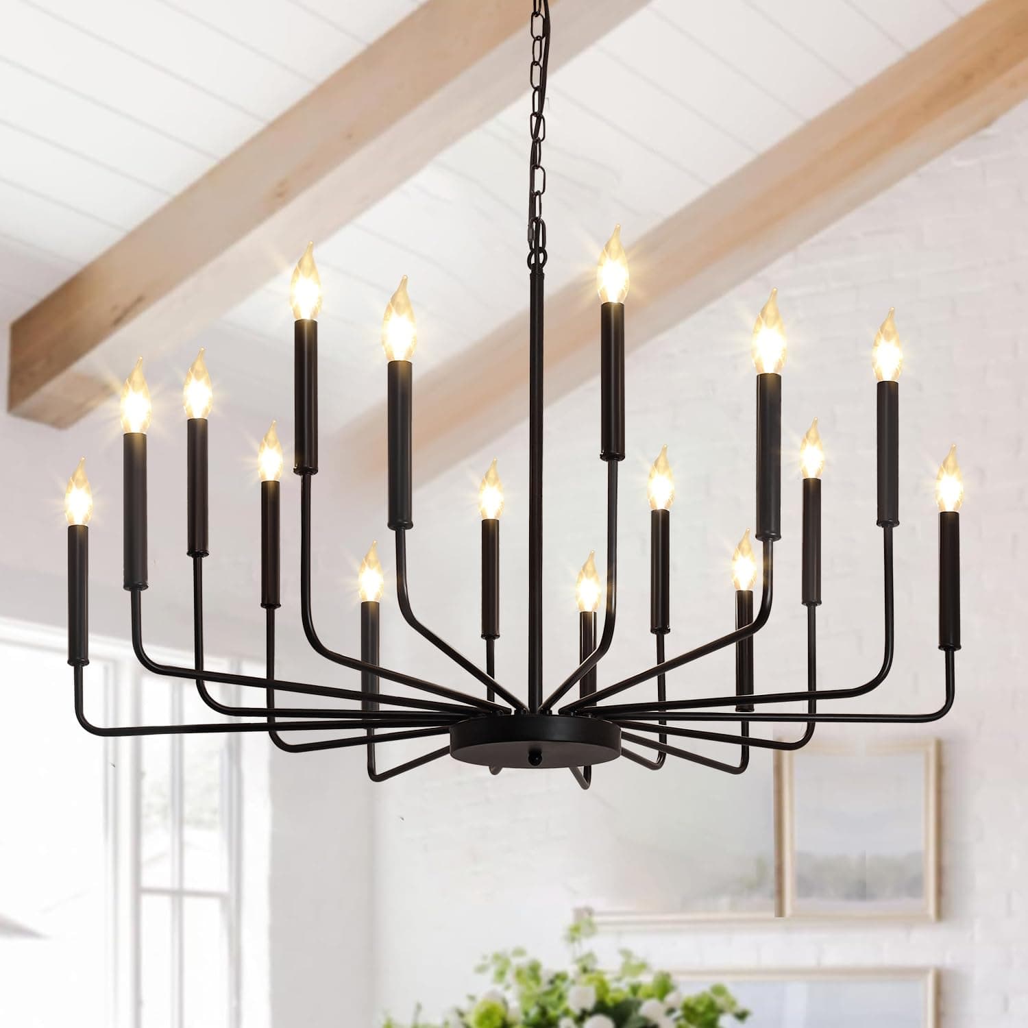 Black Chandelier, 16 Light Farmhouse Chandeliers for Dining Room Lighting Fixtures Hanging, Candle Chandelier Light Fixtures, Industrial Chandeliers for Living Room Kitchen Staircase Foyer