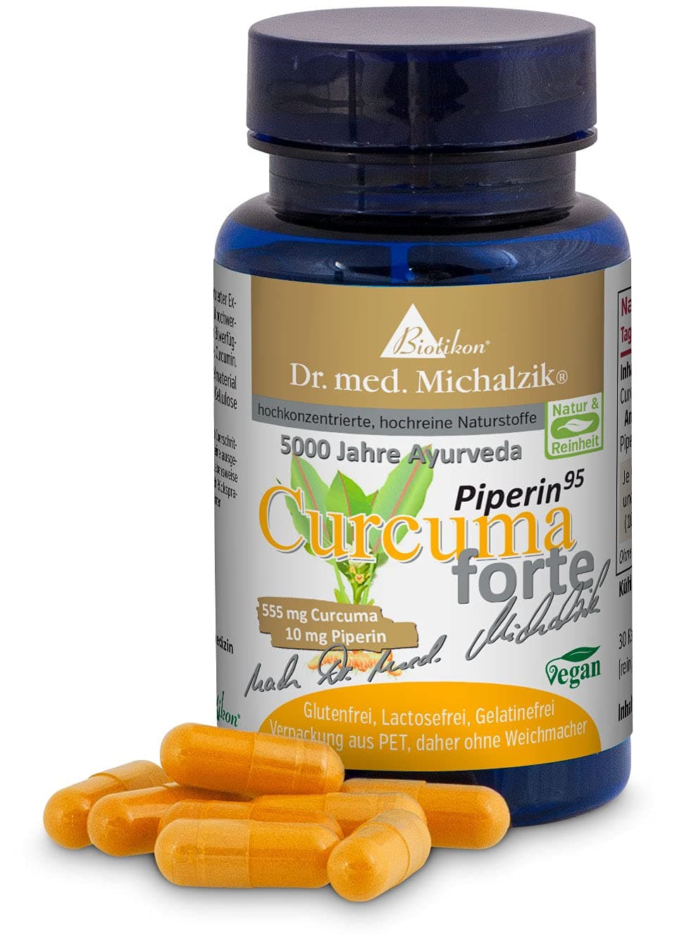 Tumeric Curcuma Piperin forte by Dr. Michalzik M.D. – Composition per Capsule: 555 mg Curcumin Extract + 527.25 mg Curcuminoids + 10 mg Piper nigrum Extract (95% Piperine). NON-SYNTHETIC – PURELY NATURAL - Proven with Safe C14 ISOTOPIC ANALYSIS - FREE OF ADDITIVES - 1 Month-Pack, 30 Vegan Curcuma Piperine forte Capsules