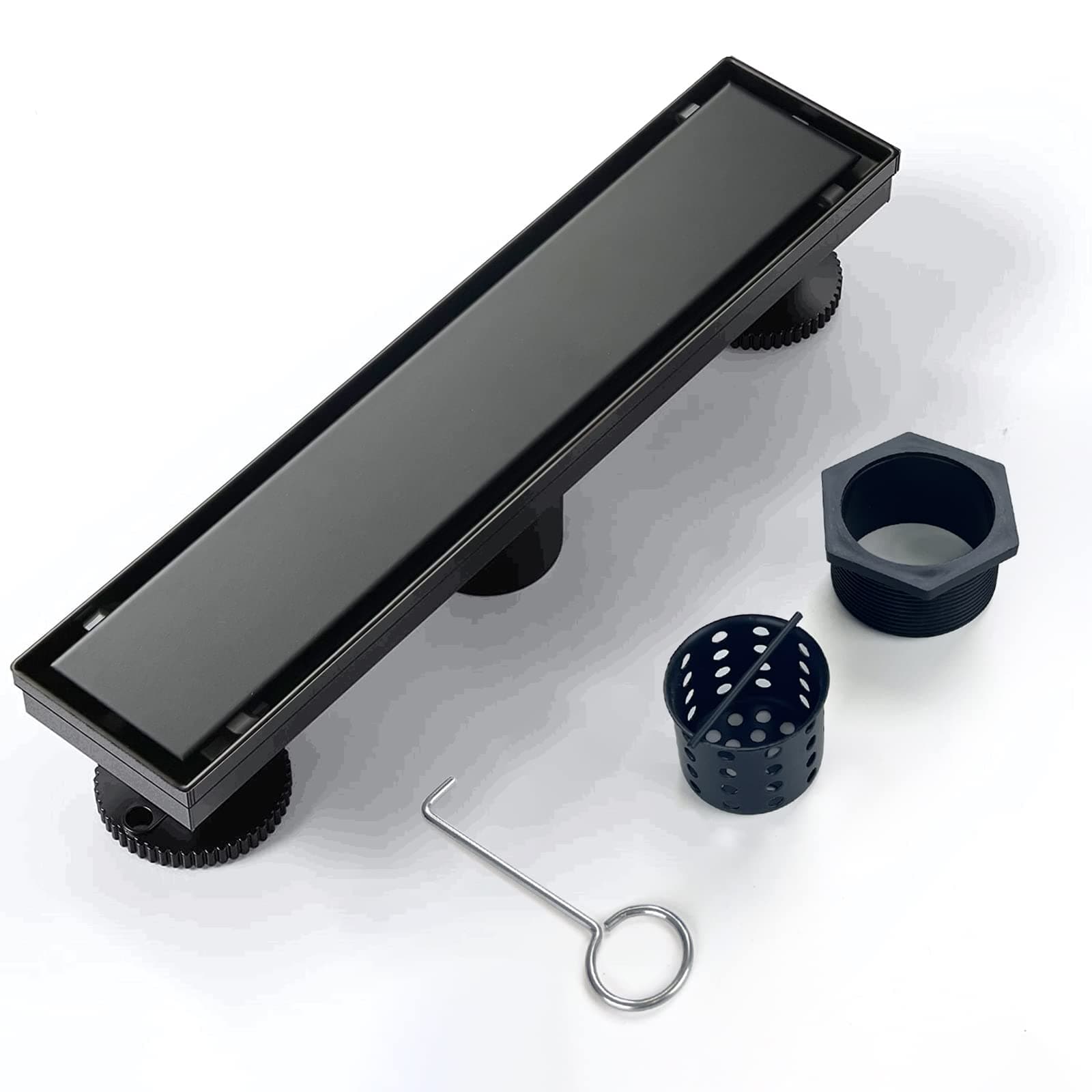 Linear Shower Drain, 12 inch Black Drain with Tile Insert 2-in-1 Panel, Brushed 304 Stainless Steel Shower Floor Drain, Linear Drain with Hair Strainer and Adjustable Feet