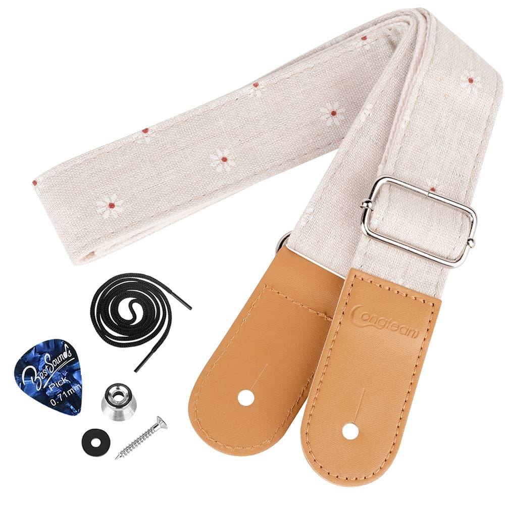 Dulphee Daisy Ukulele Strap with 1 Pick & 1 Button, Cotton Linen White Adjustable Uke Shoulder Strap for Soprano Concert Tenor Baritone Ukuleles, Banjo and Mandolin (Daisy)