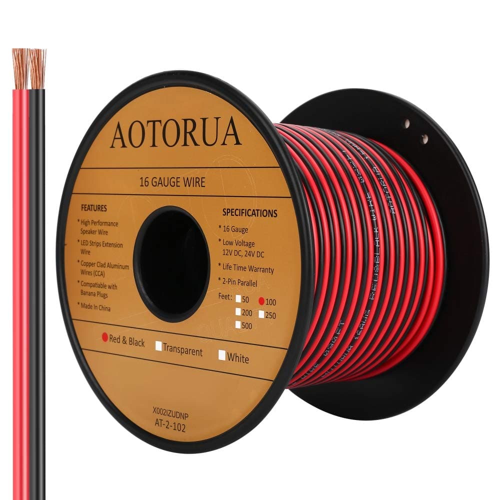 100FT 16/2 Gauge Red Black Cable Hookup Electrical Wire, 16AWG 2 Conductor 2 Color Flexible Parallel Zip Wire LED Strips Extension Cord 12V/24V DC Cable for LED Ribbon Lamp Tape Lighting