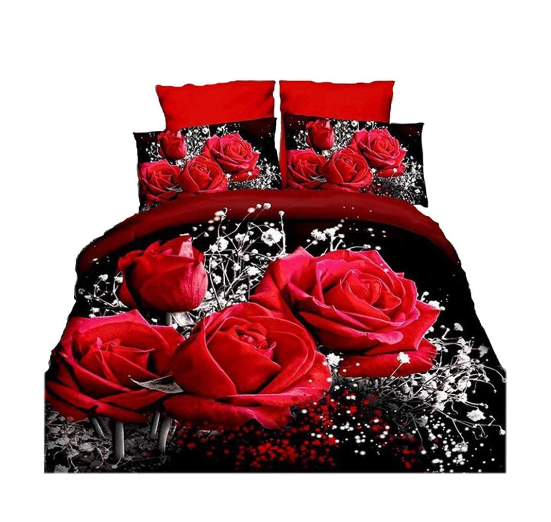4Piece Hot Red Rose Printed Bedding Comforter Set 3D Romantic Flower Duvet Cover For Double Size