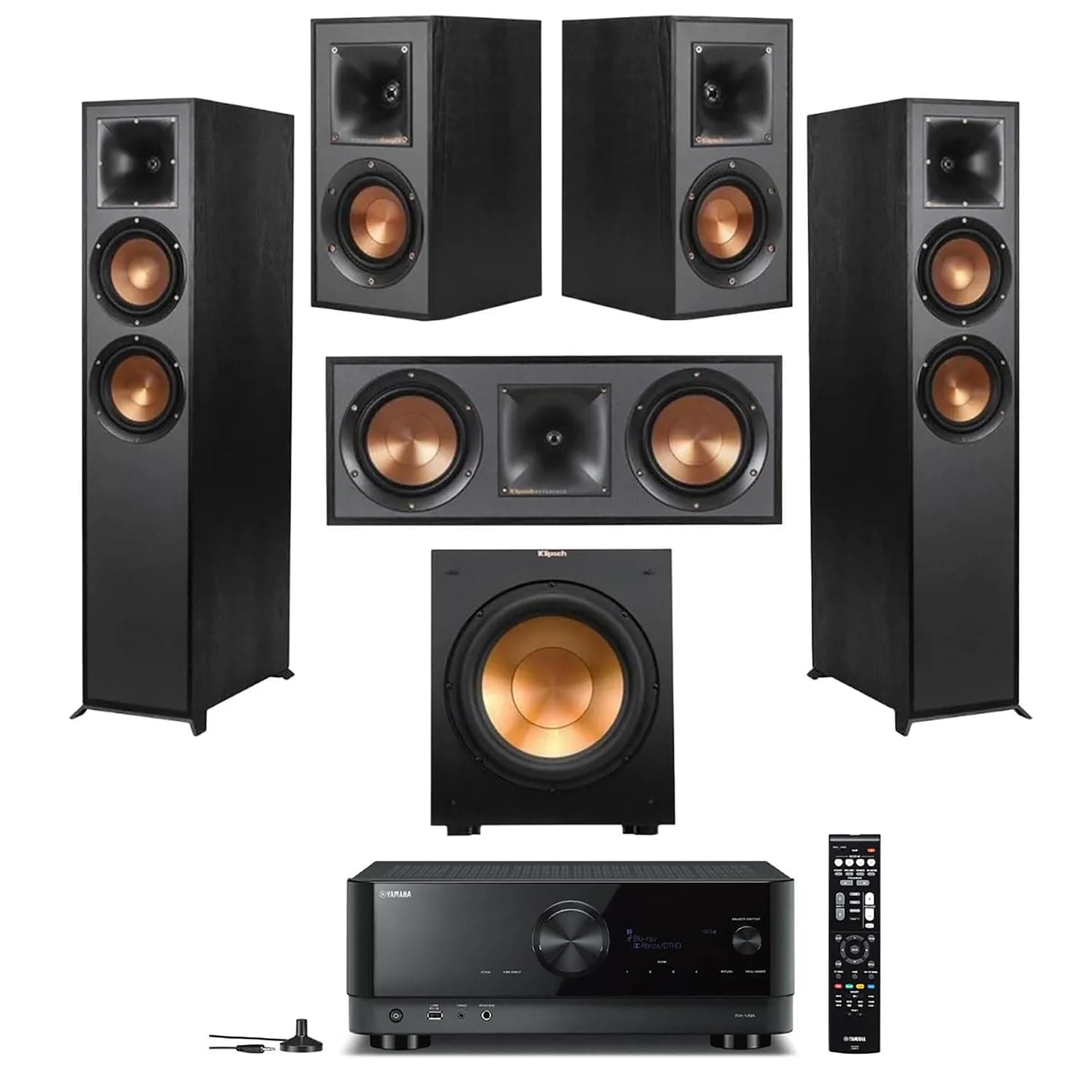 Klipsch Reference 5.2 Home Theater System w/ 7.2 Receiver, w/ 2X R-26FA Floorstanding Speaker, R-25C Center Speaker, R-41M Speaker, 2X R-12SW Subwoofer & Yamaha RX-V6A 7.2-Channel AV Receiver
