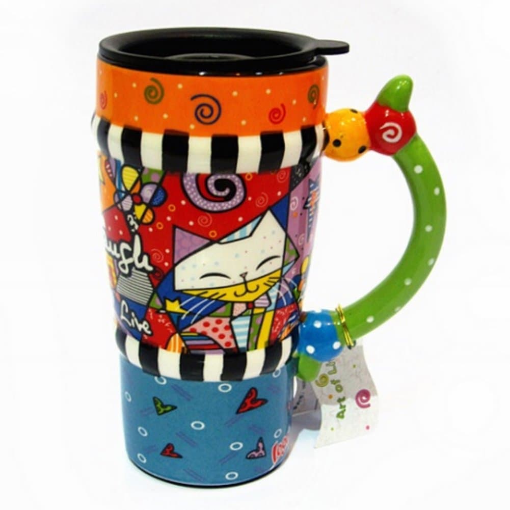 Icary Colored Drawing Ceramic Cup Mug Coffee Cup Tea Cup with Lid (Smile Cat)