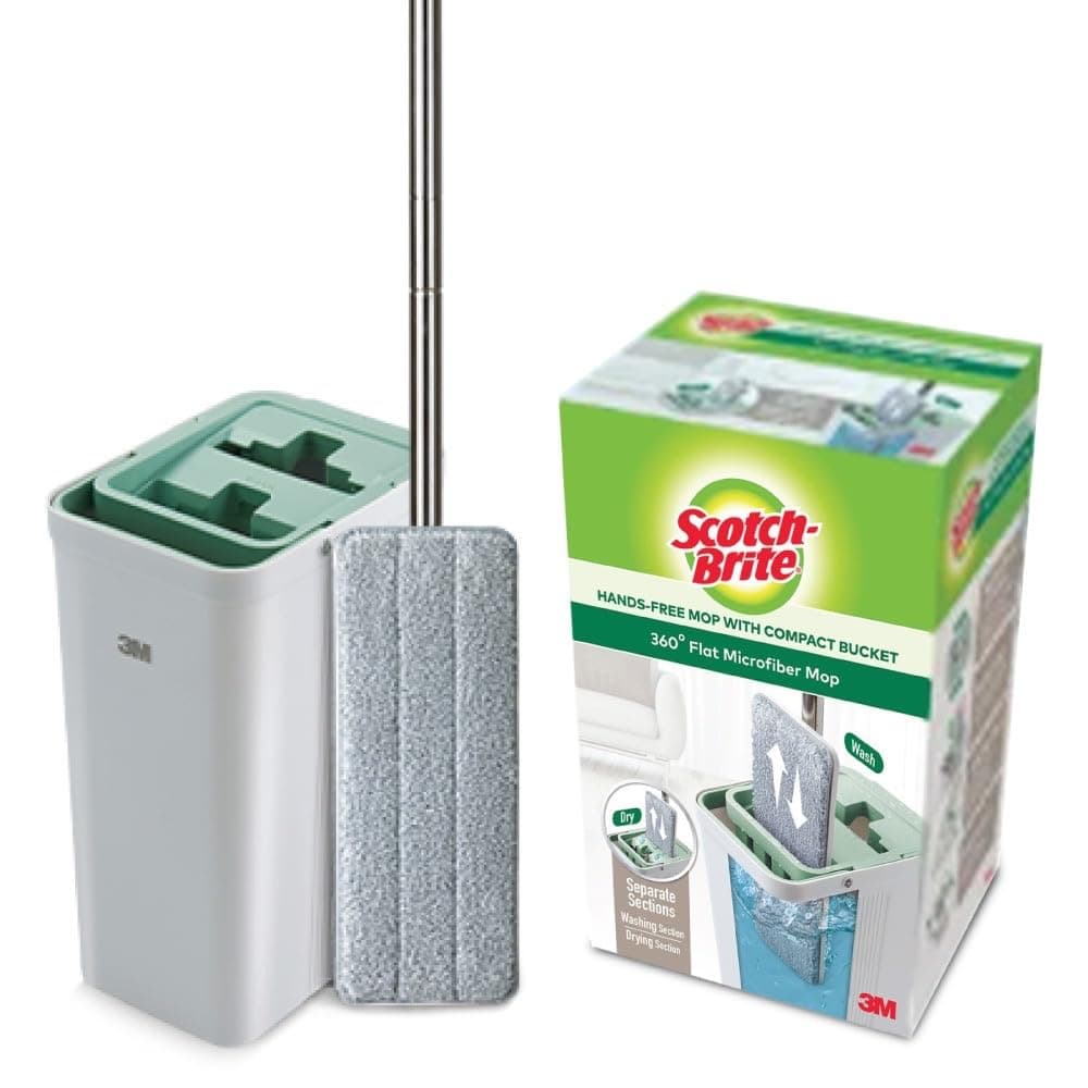 - Scotch-Brite Plastic Hands-Free Microfiber Flat Mop with Compact Bucket, Splash Proof Design & Double Scraper for Easy Squeeze (1 Unit)