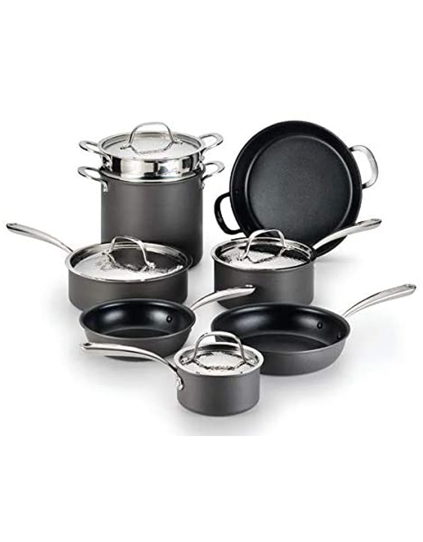 Nera Hard Anodized Nonstick 12-Piece Cookware Set with Hammered Stainless Steel Lids, Dishwasher Safe,Grey