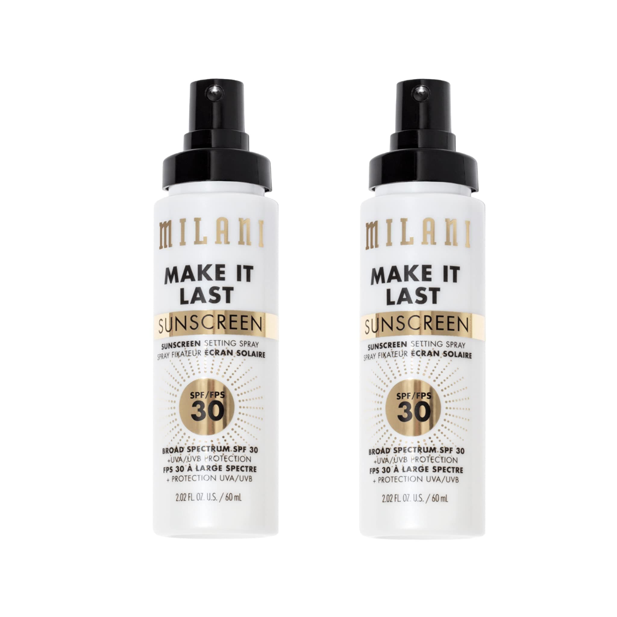 Milani Sunscreen Setting Spray + Primer, Make It Last Sunscreen for Face- SPF 30 UVA & UVB Protection Antioxidant Rich Formula for Broad Spectrum Protection, Prime + Set + Protect, 2.02Fl. Oz - 2 Pack