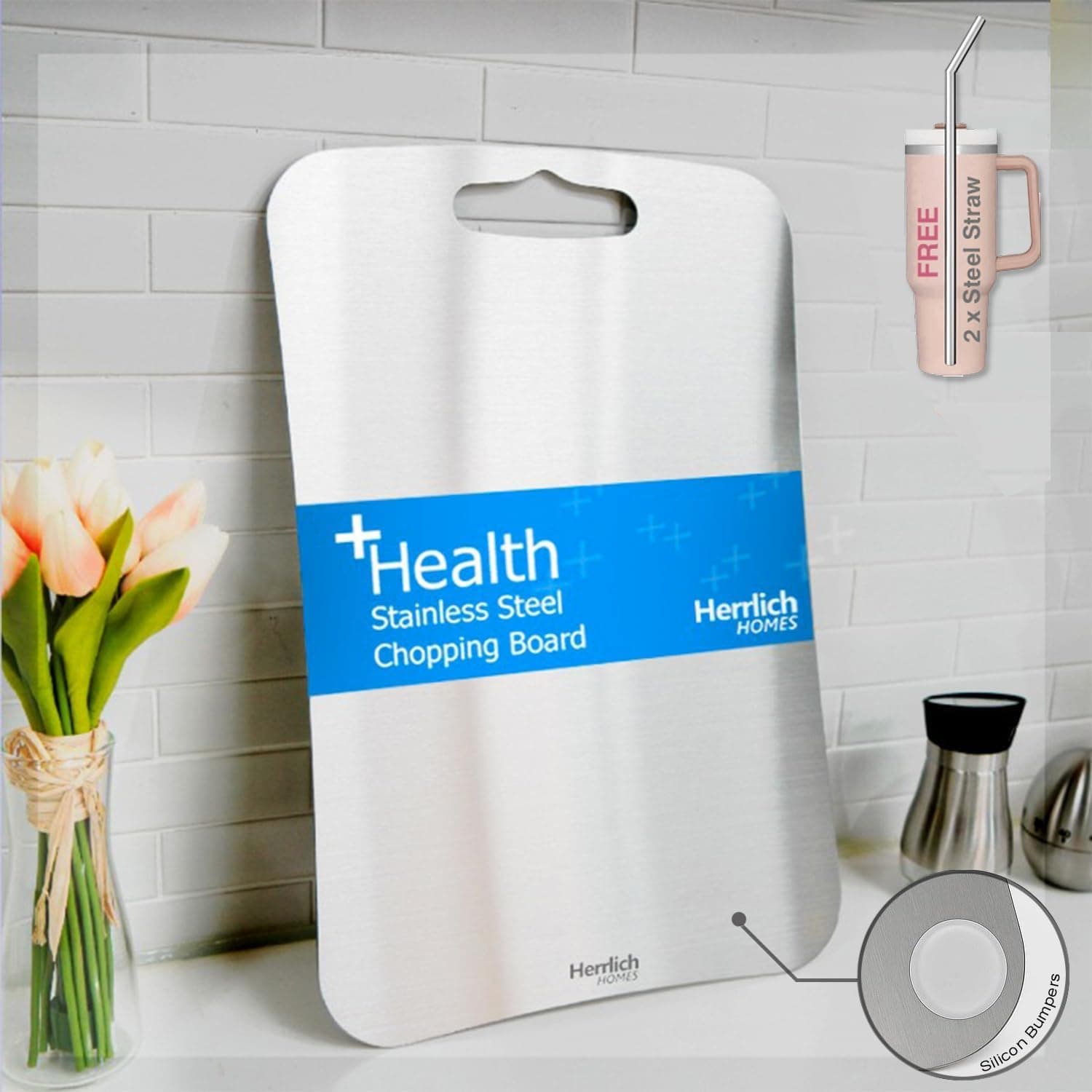 Herrlich Homes Rectangular Stainless Steel Chopping Board for Kitchen | Free 2 Steel Straw | Chopping Board for Cutting Vegetables, Meat, Fish, Fruits |Unbreakable | Easy to Clean | Large | 25 X 35 cm