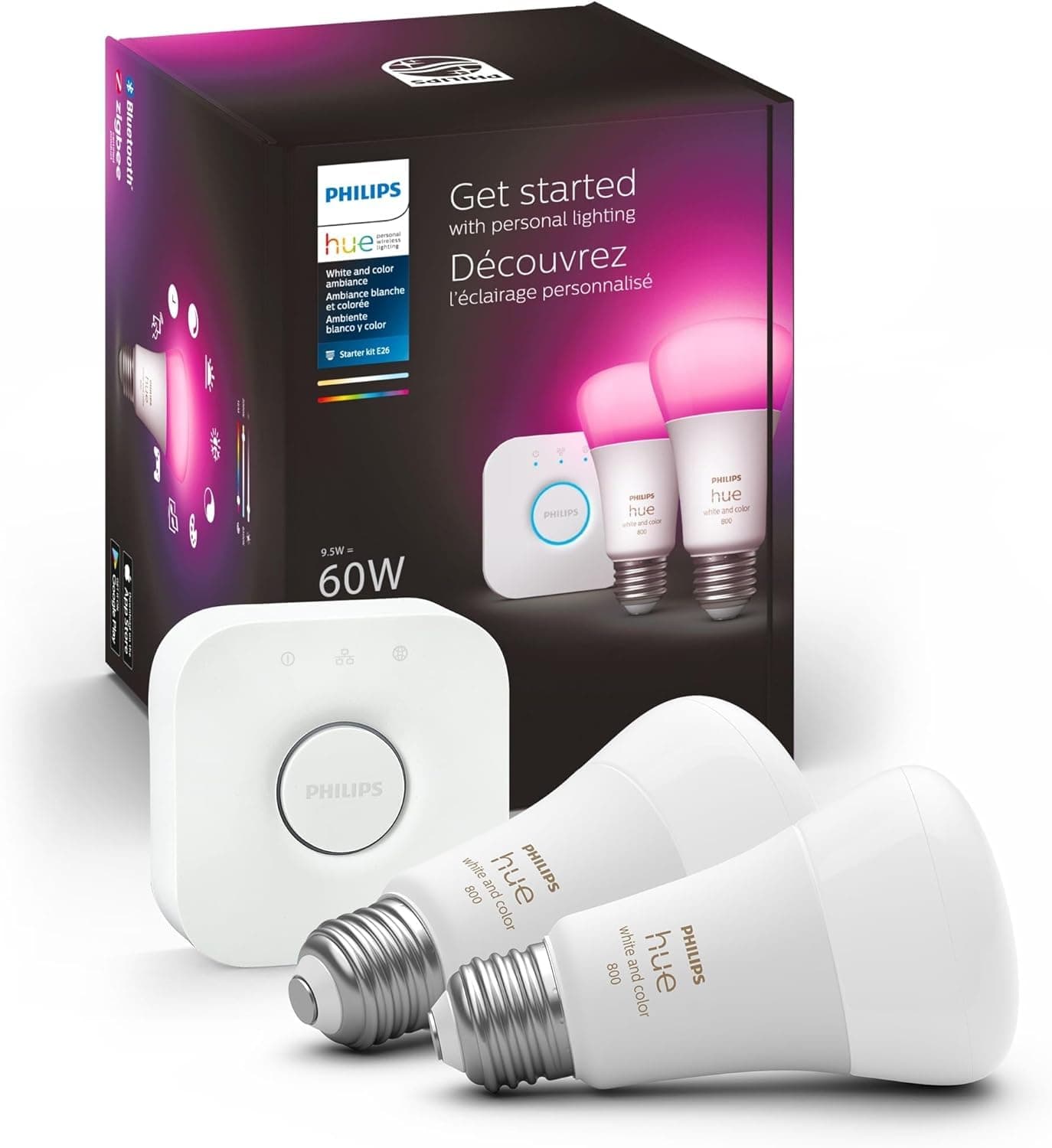 Philips Hue Smart Light Bulbs Starter Kit, Includes (1) Bridge, (2) 60W A19 Bulbs, White and Color Ambiance LED Color Changing Lights, 800LM, E26, Control with App or Voice Assistant