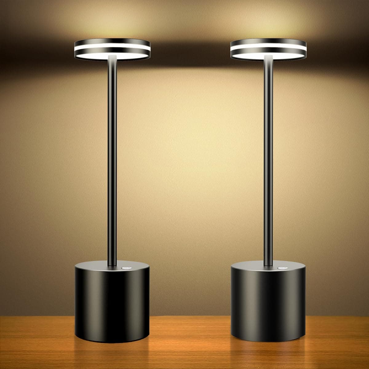 Hapfish2 Pack Rechargeable Cordless LED Table Lamp, 5000mAh Battery Operated Table Lamps, 3 Color Modes, Dimmable, USB Desk Light for Home, Dining, Indoor, Outdoor, Living Room – Black