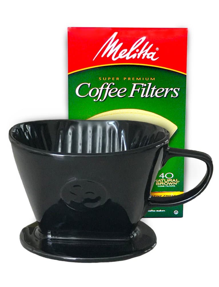 Coffee Pour Over Single Cup Ceramic Brewer Coffee Maker with Melitta Filters (Black) 8-16 oz Depending on How Much Water/Grounds You Use