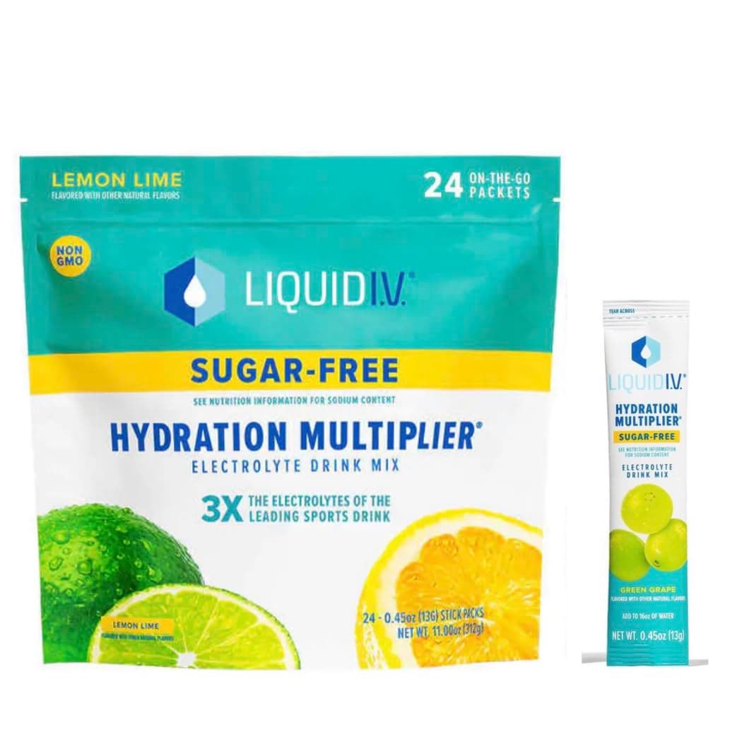 Liquid I.V. Sugar-Free Hydration Multiplier - Lemon Lime – Hydration Powder Packets, Electrolyte Drink Mix, Easy Open Single-Serving Stick Non-GMO 24 Sticks + 1-0.45 green grape sugar free