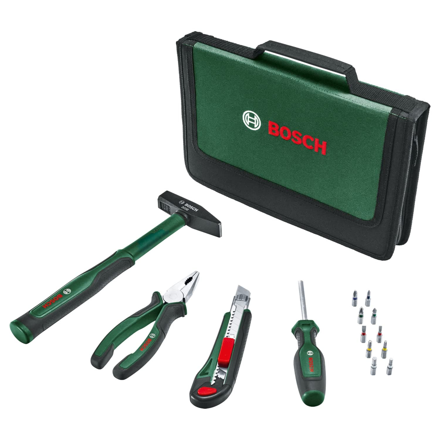 BOSCH 14-Piece Hand Tool Set Complete Set for DIY and Home Repairs with Pliers, Screwdriver, Hammer, Utility Knife & 10 Bits