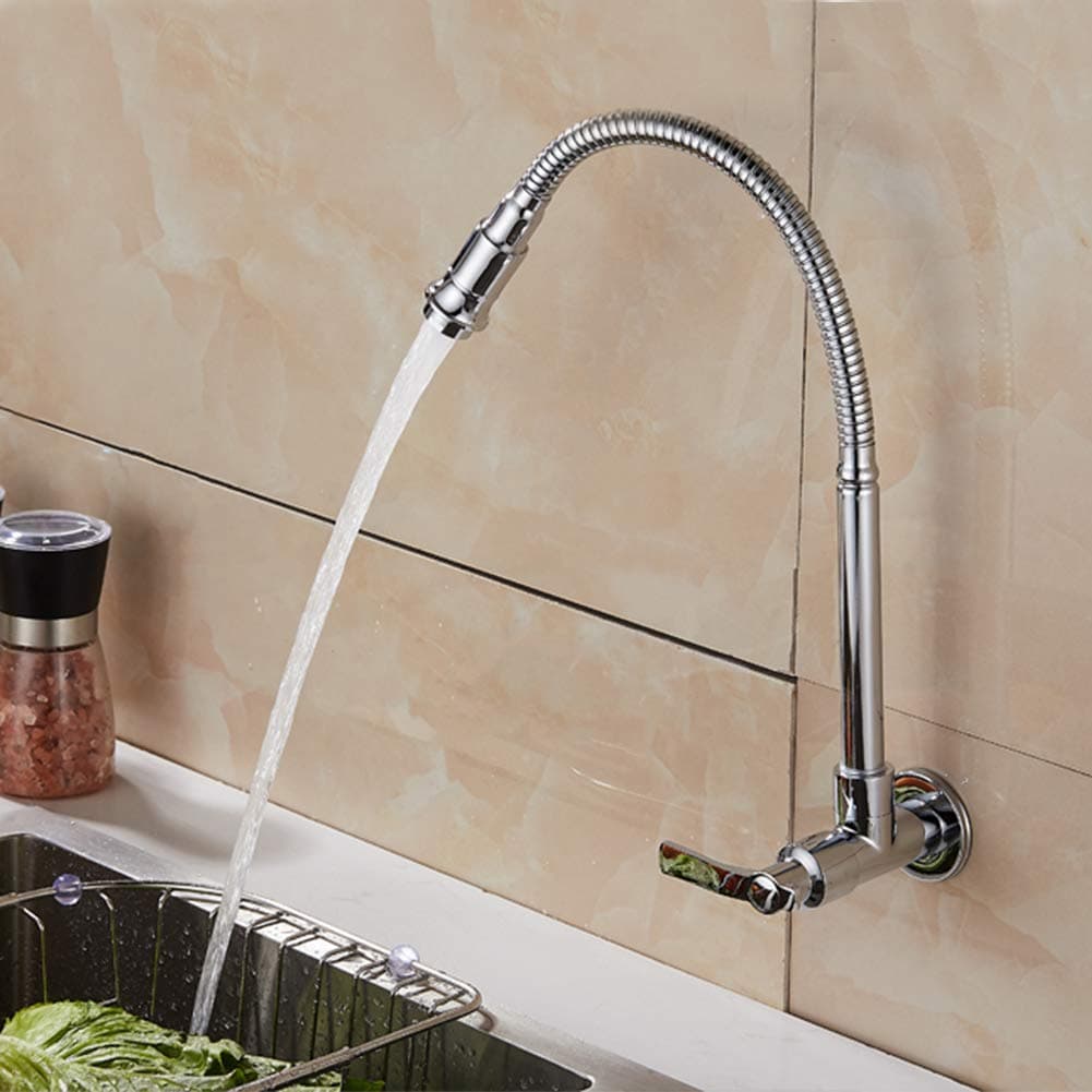 Wall Mounted Kitchen Sink Taps - 360 Degree Swivel Spout Pull Down Flexible Spray Single-tube Cold Water Faucet, Chrome Finish Inchant
