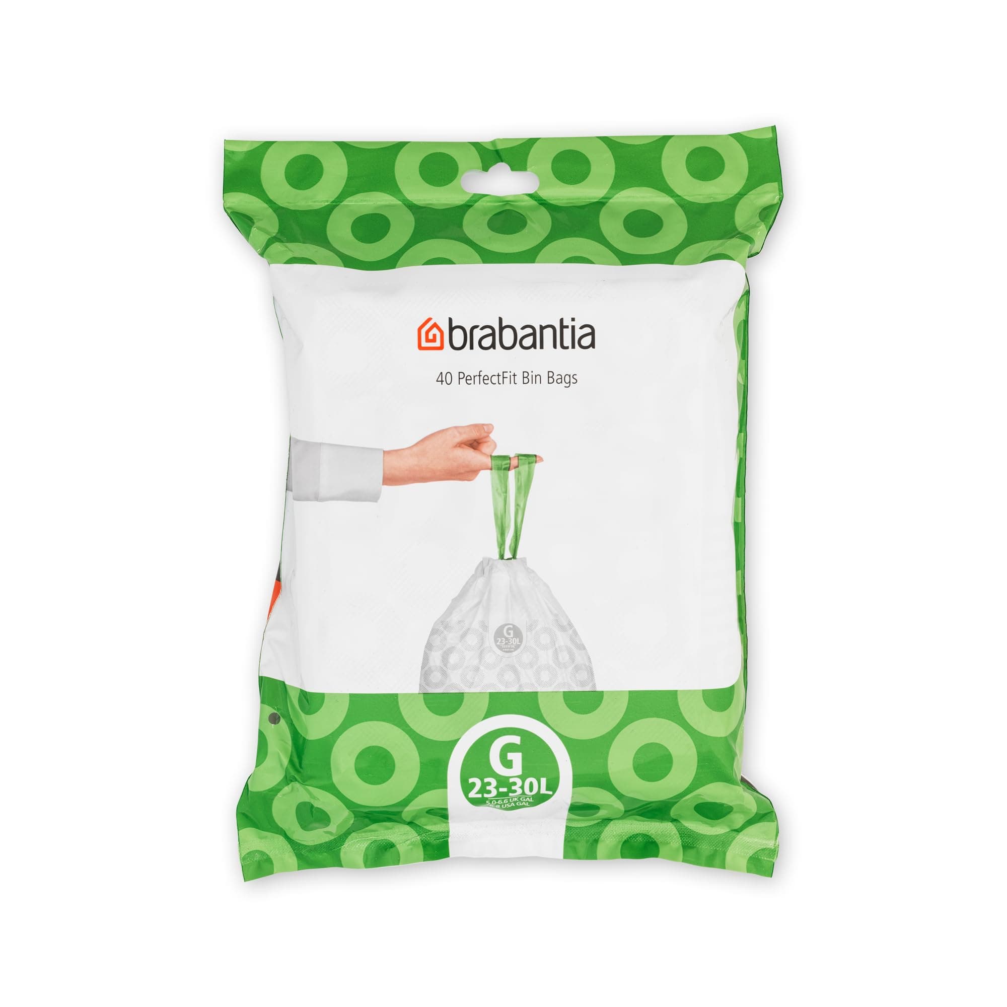 Brabantia PerfectFit Bin Liners (Size G/23-30 Litre) Thick Plastic Trash Bags with Tie Tape Drawstring Handles (40 Bags)