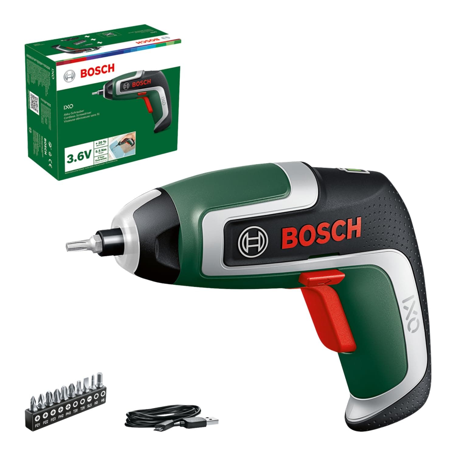 Bosch Compact Cordless Screwdriver IXO (7th Generation; 3.6V; 2.0Ah; 5.5Nm; with Micro-USB Cable; Compatible with IXO-Collection Attachments; Screws up to 190 Screws)