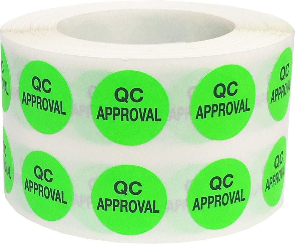 InStockLabels.com Quality Control Approval Stickers, QC Tester Labels on Fluorescent Green Paper, Suitable for Warehouse and Manufacturing, 1/2 Inch Round, 1000 Labels.