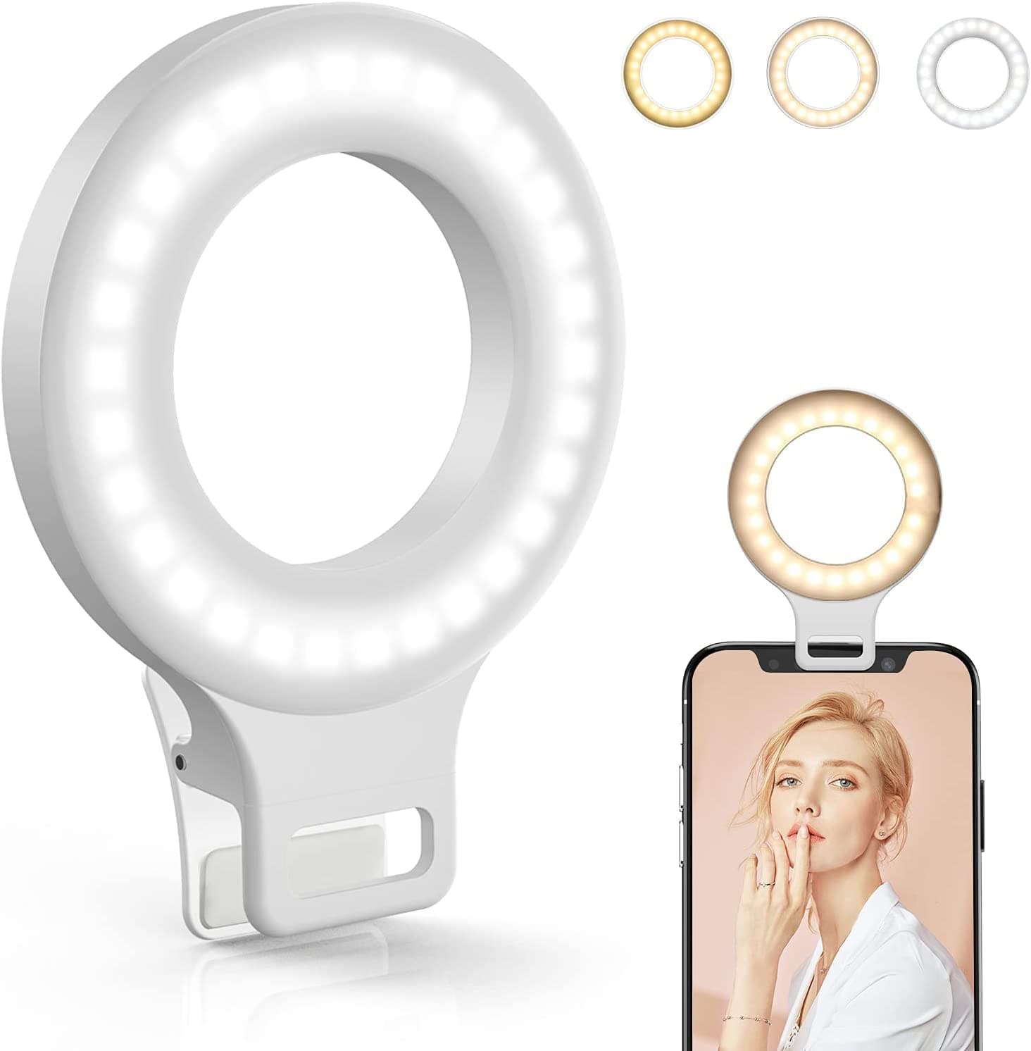 Clip on Ring Light, Rechargeable 60 LED Selfie Ring Light for Phone, Laptop, Tablet (3 Models, 5 Level Brightness)